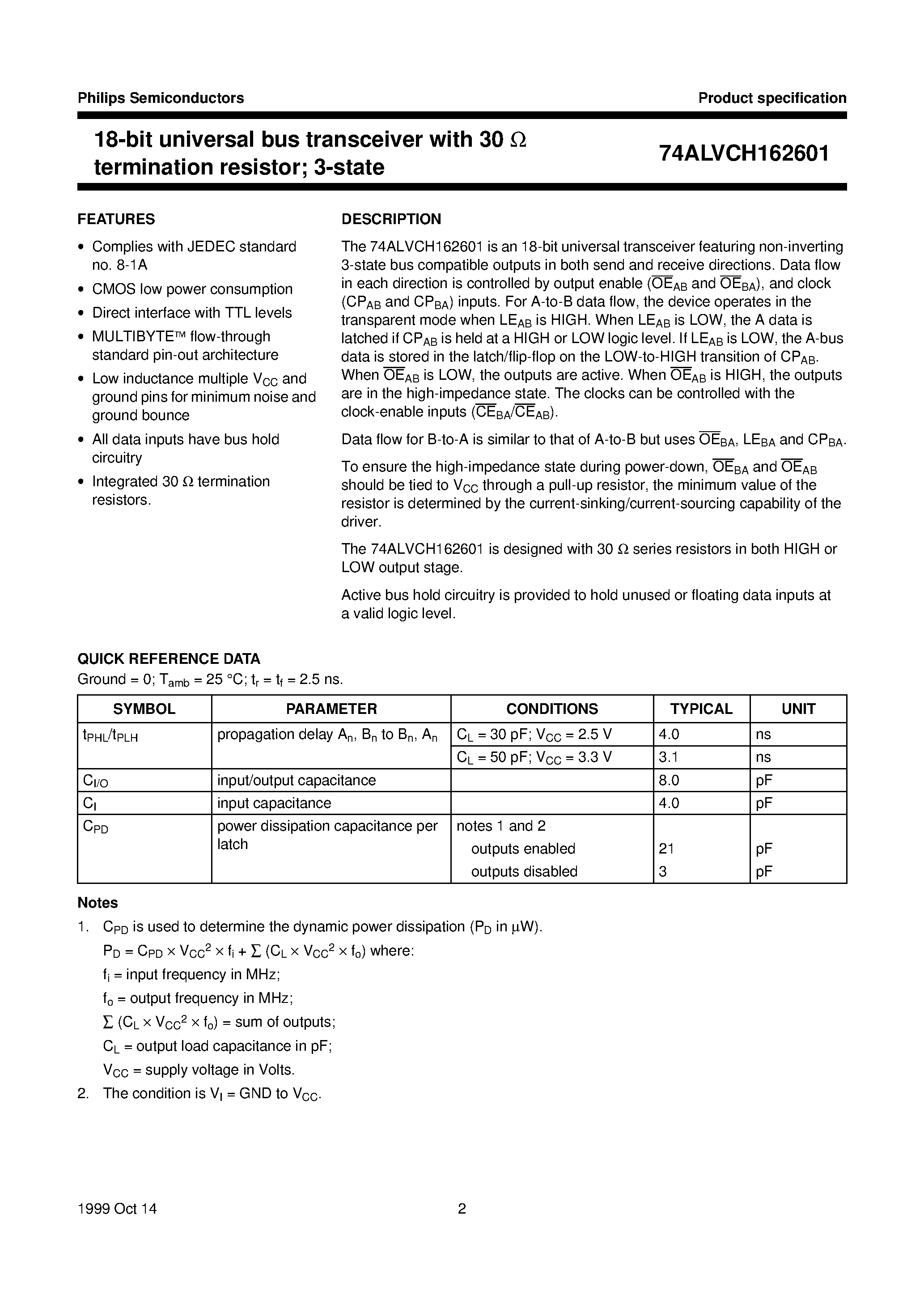 Datasheet 74ALVCH162601DGG - 18-bit universal bus transceiver with 30 ohm termination resistor; 3-state page 2