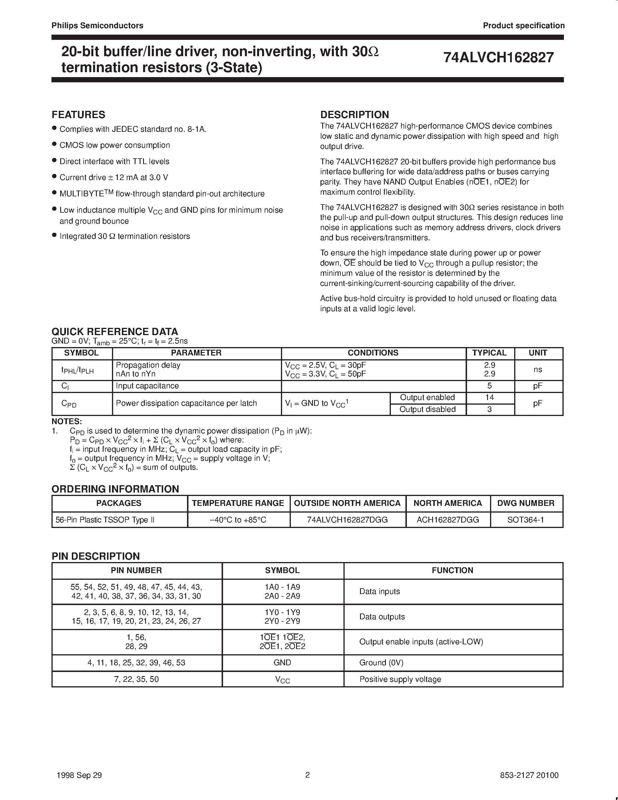 Datasheet 74ALVCH162827 - 20-bit buffer/line driver/ non-inverting/with 30ohm termination resistors (3-State) page 2