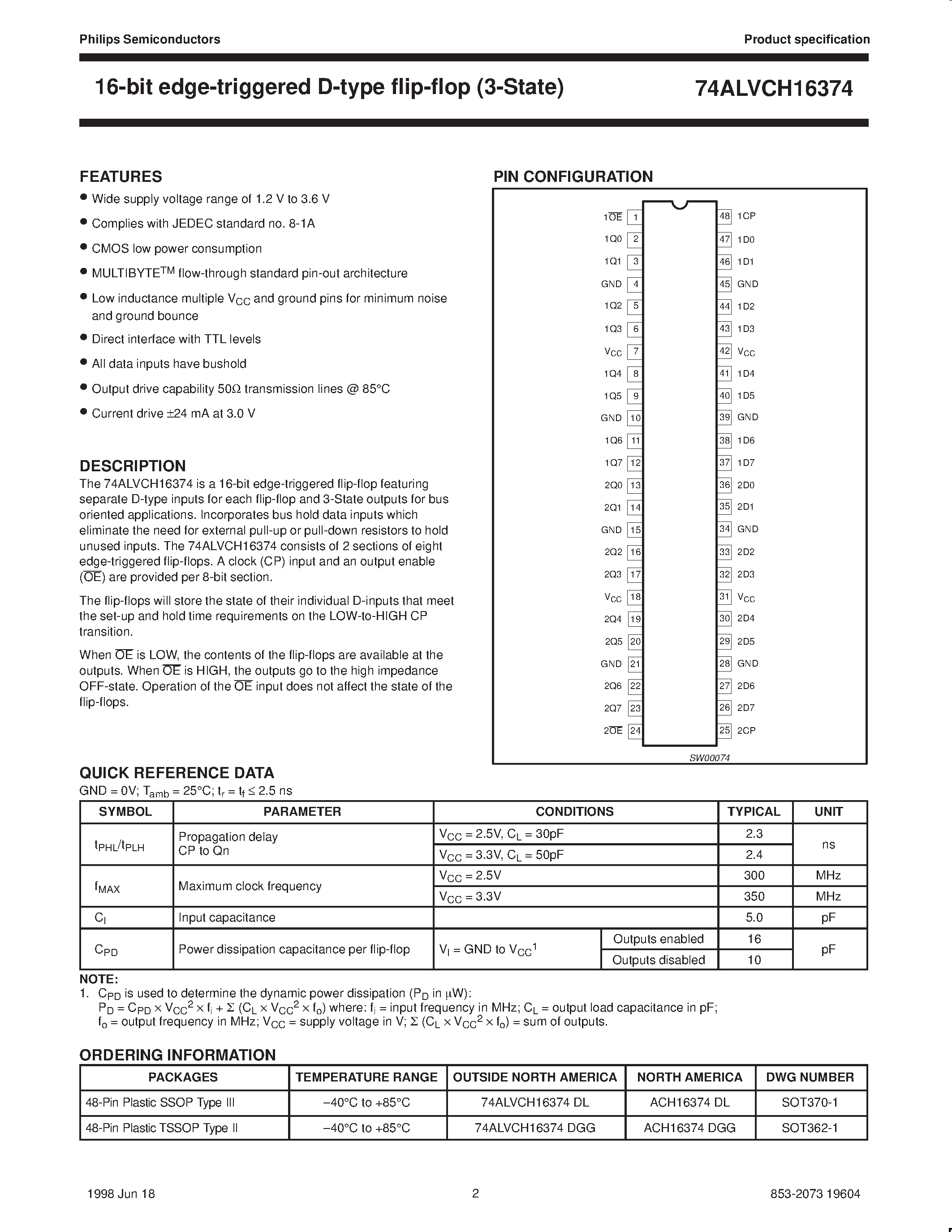 Datasheet 74ALVCH16374 page 2 Datasheet 74ALVCH16374 - 2.5V/3.3V 16-bit edge-triggered D-type flip-flop 3-State page 2