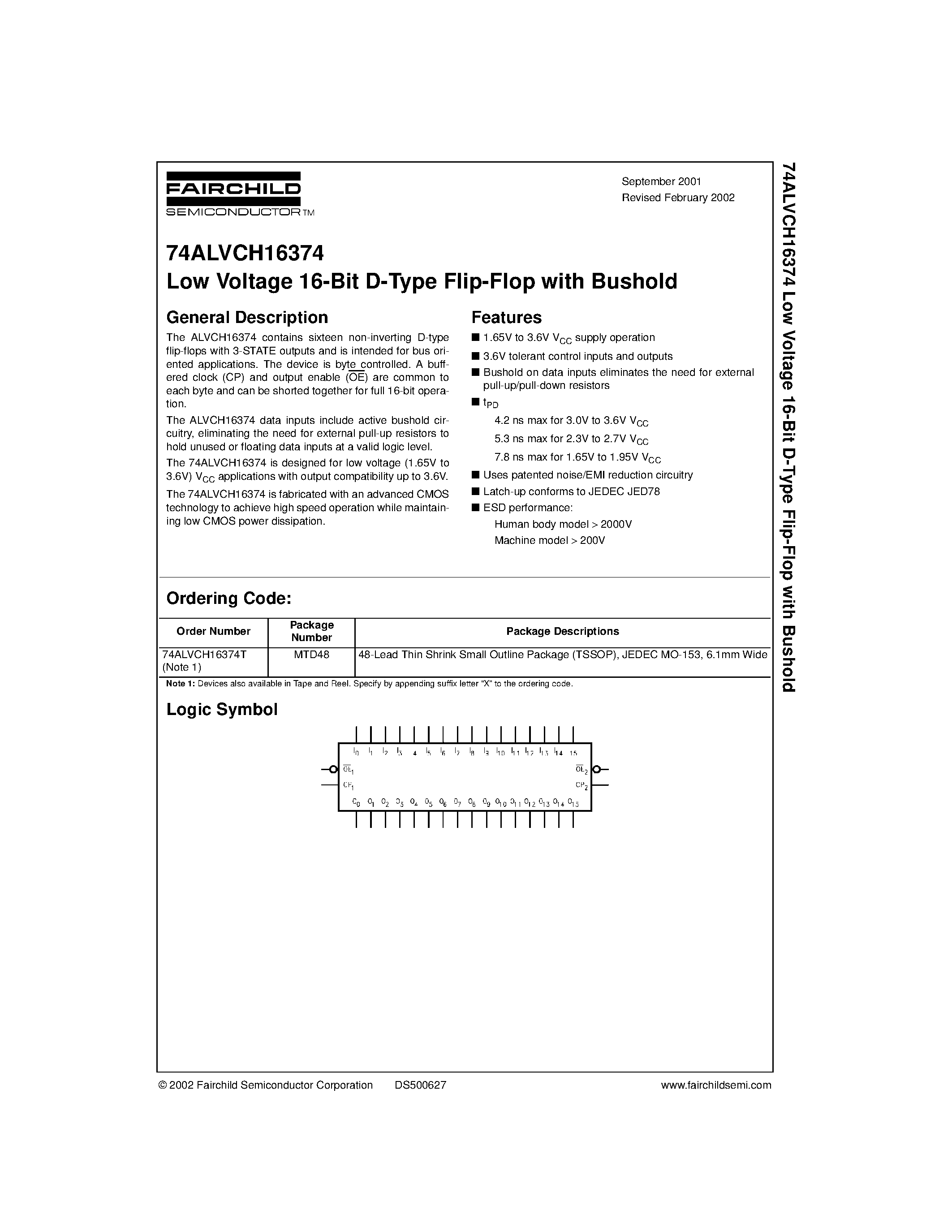 Datasheet 74ALVCH16374T - Low Voltage 16-Bit D-Type Flip-Flop with Bushold page 1