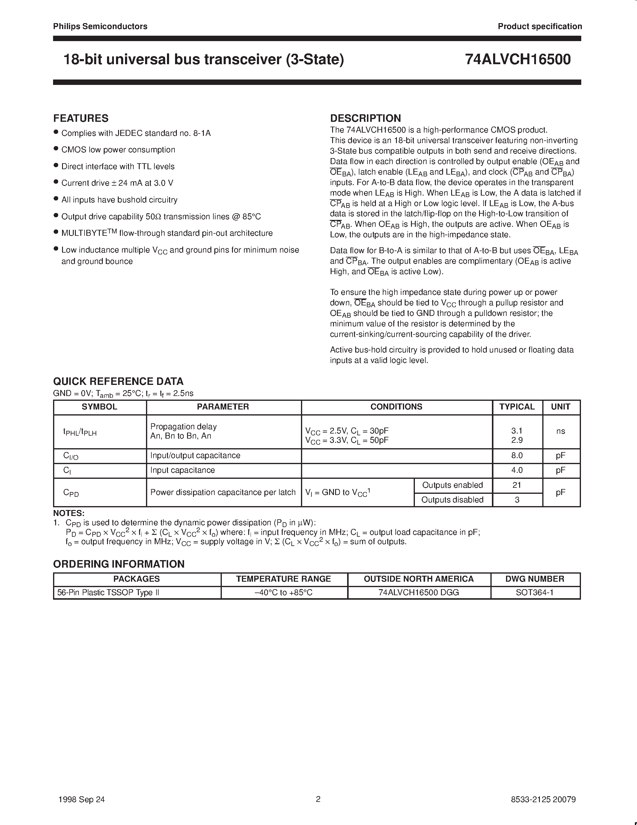 Datasheet 74ALVCH16500DGG page 2 Datasheet 74ALVCH16500DGG - 18-bit universal bus transceiver 3-State page 2