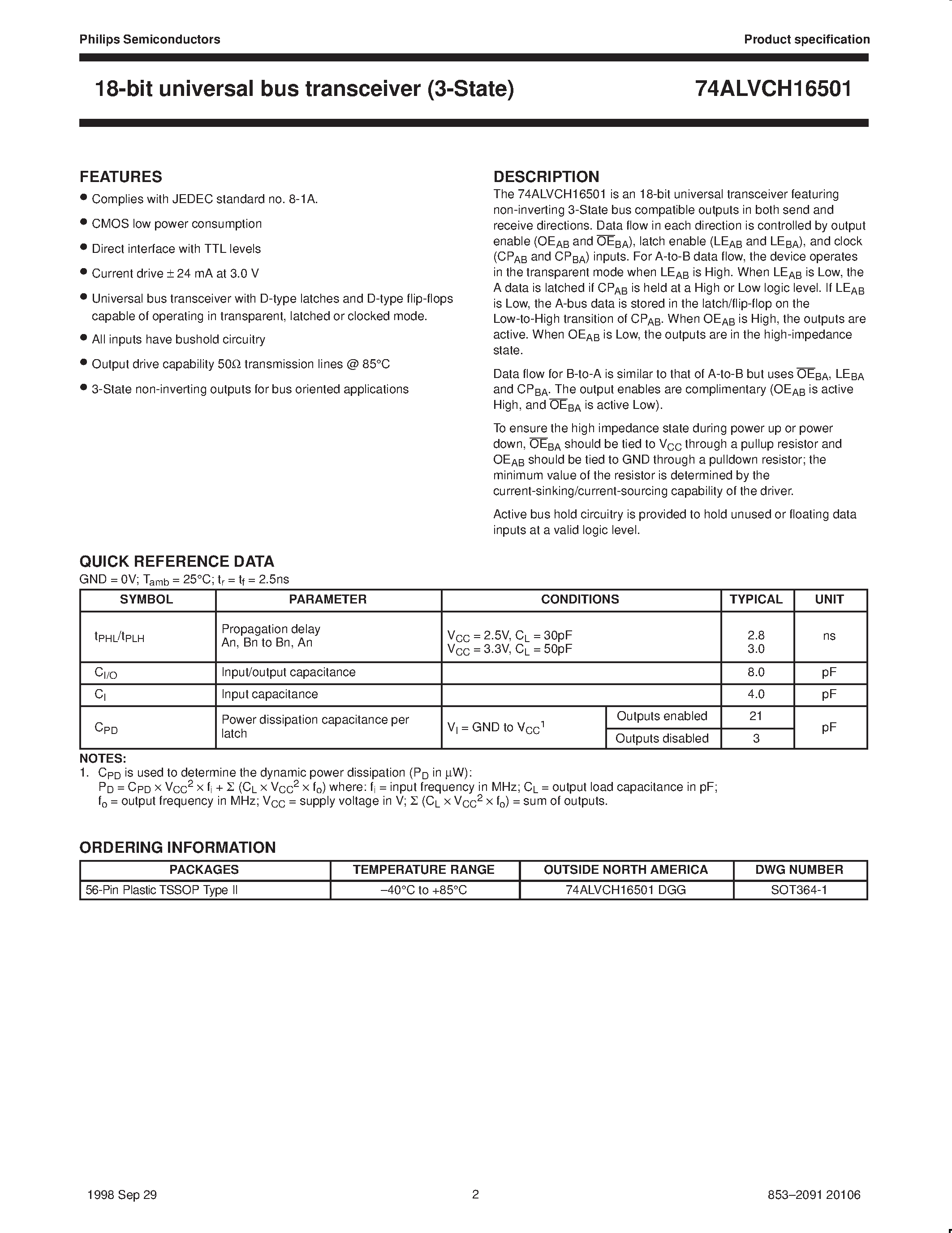 Даташит 74ALVCH16501DGG - 18-bit universal bus transceiver 3-State страница 2
