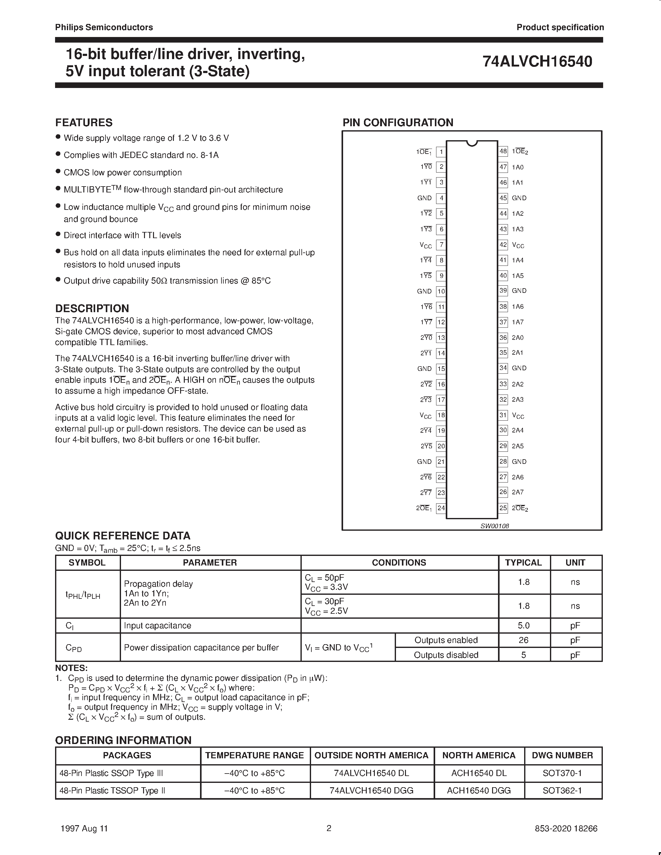 Datasheet 74ALVCH16540 page 2 Datasheet 74ALVCH16540 - 2.5V/3.3V 16-bit buffer/line driver/ inverting/ 5V input tolerant 3-State page 2