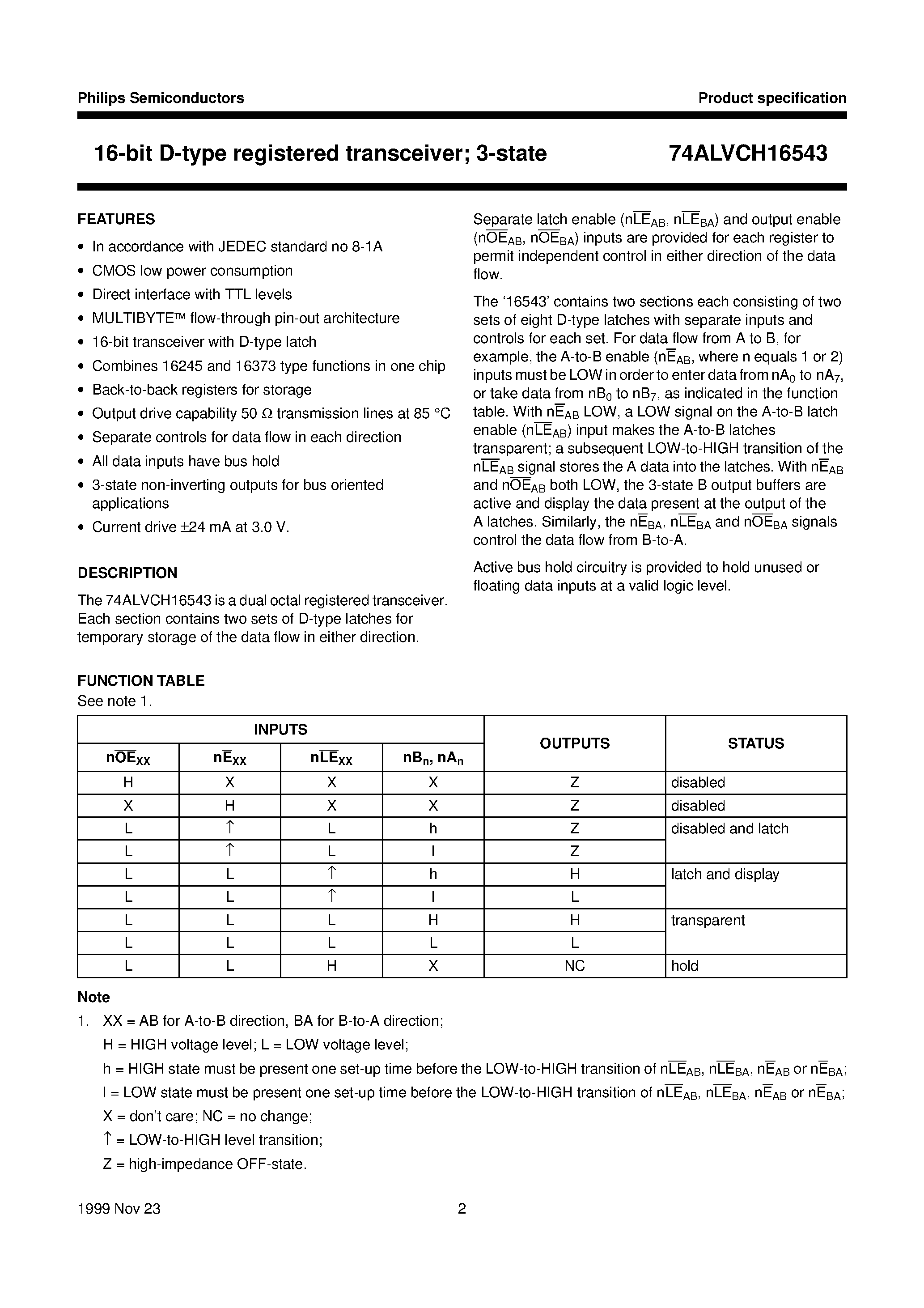 Datasheet 74ALVCH16543DGG - 16-bit D-type registered transceiver; 3-state page 2