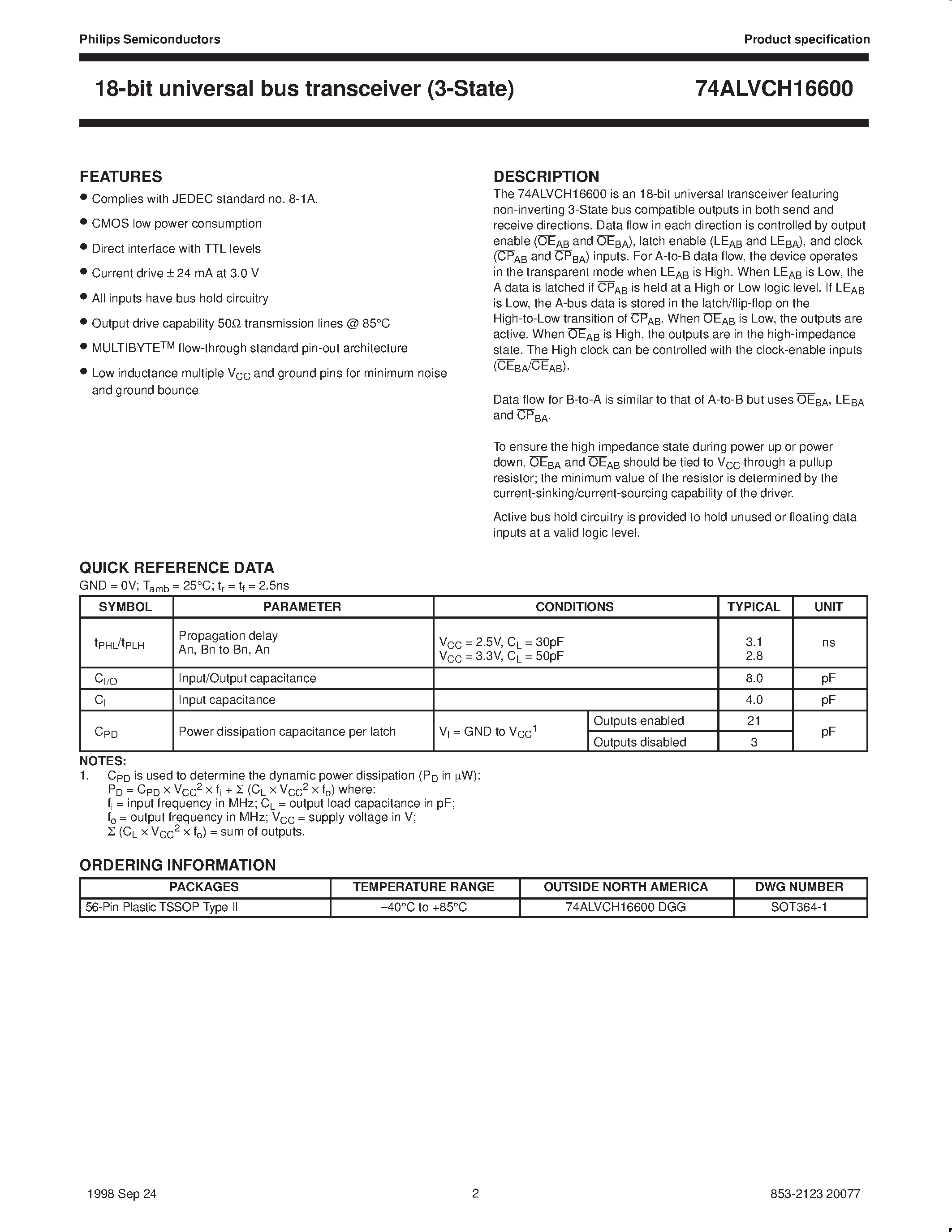 Datasheet 74ALVCH16600DGG page 2 Datasheet 74ALVCH16600DGG - 18-bit universal bus transceiver 3-State page 2