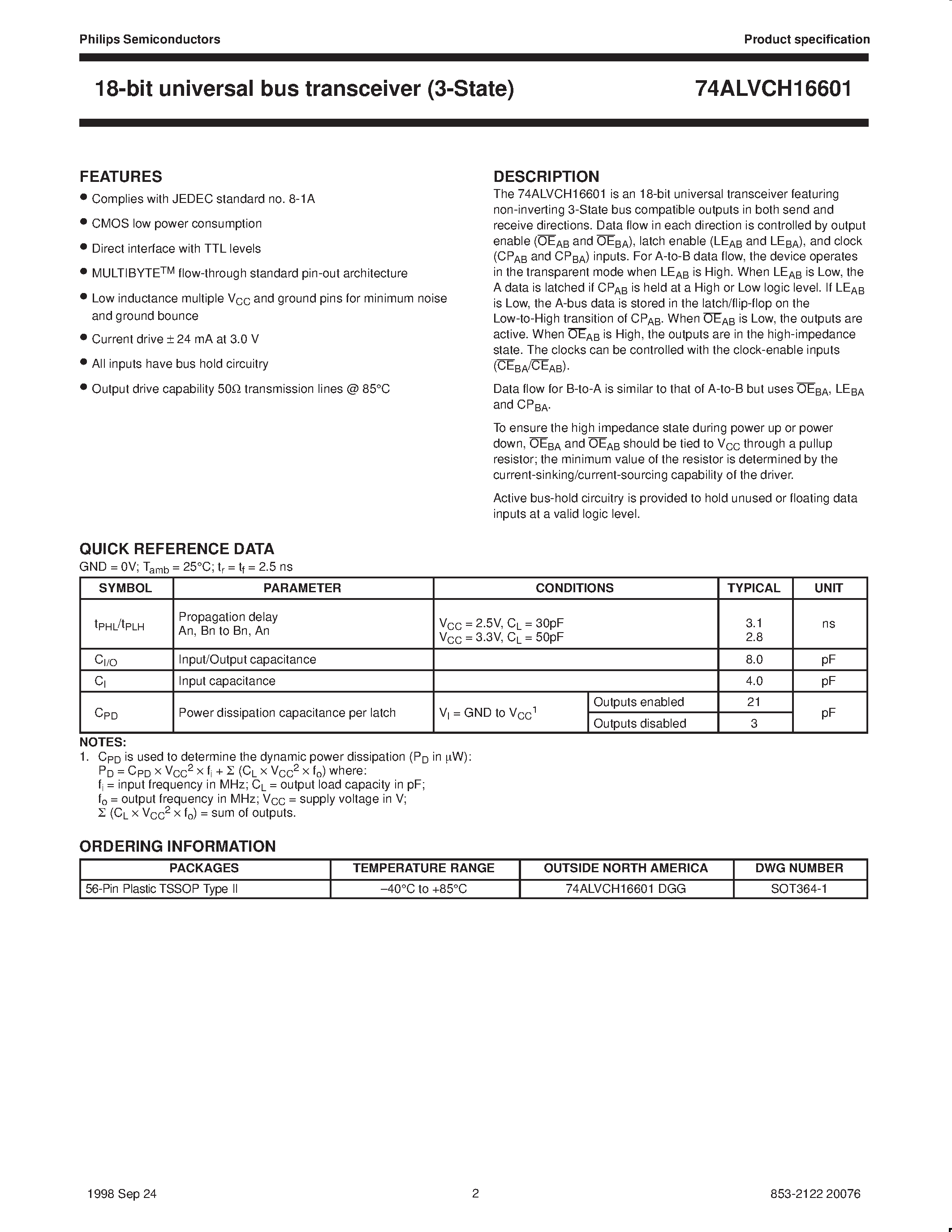 Datasheet 74ALVCH16601DGG page 2 Datasheet 74ALVCH16601DGG - 18-bit universal bus transceiver 3-State page 2