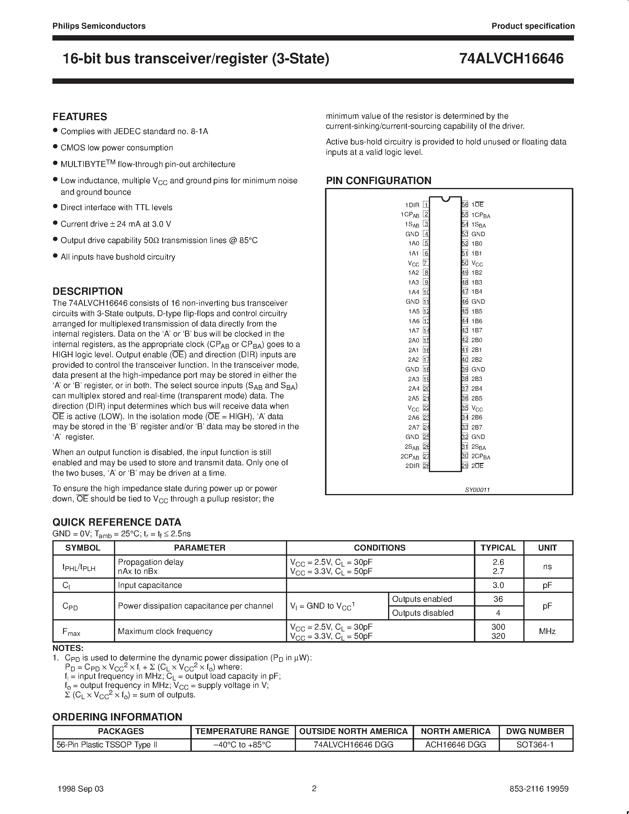 Datasheet 74ALVCH16646DGG page 2 Datasheet 74ALVCH16646DGG - 16-bit bus transceiver/register 3-State page 2