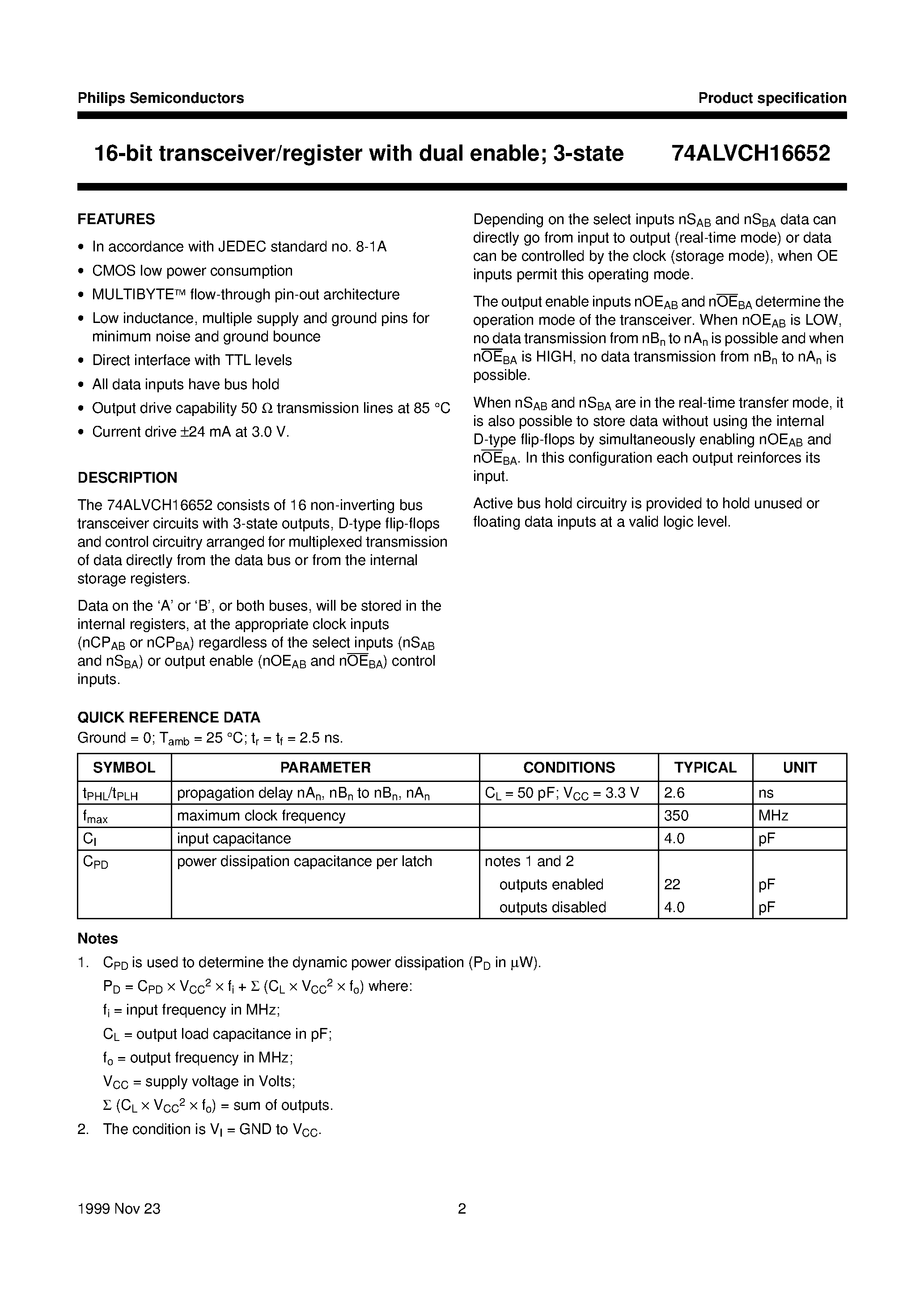 Datasheet 74ALVCH16652DGG - 16-bit transceiver/register with dual enable; 3-state page 2