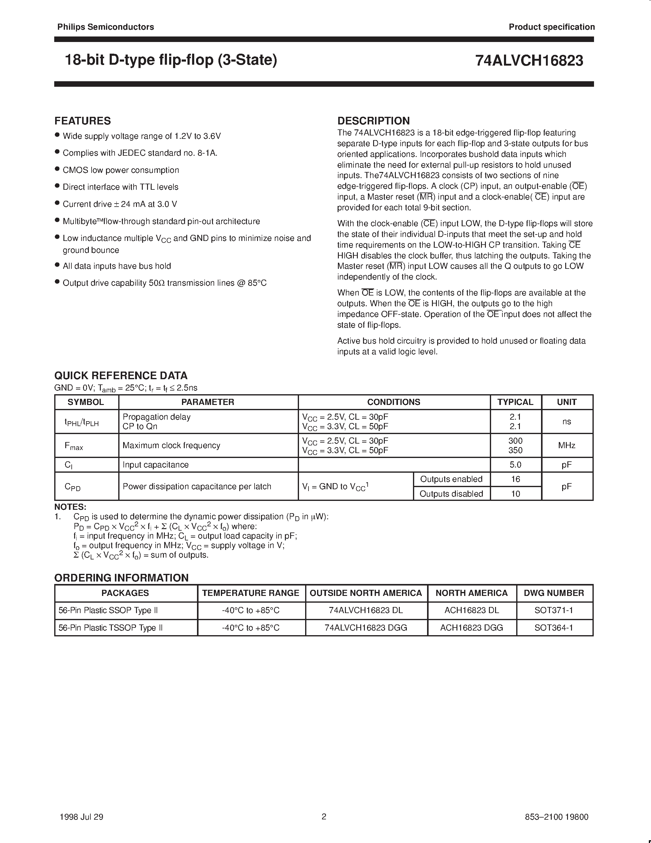 Datasheet 74ALVCH16823 page 2 Datasheet 74ALVCH16823 - 18-bit bus-interface D-type flip-flop with reset and enable 3-State page 2