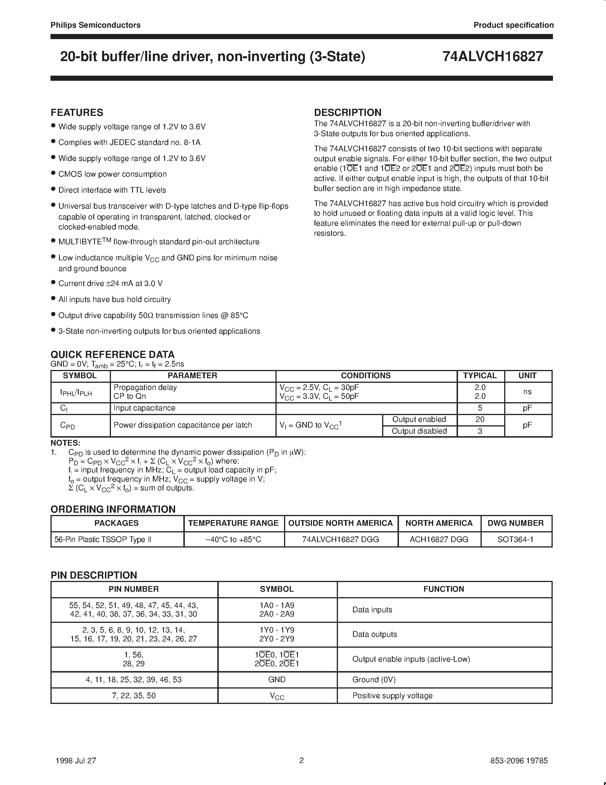 Datasheet 74ALVCH16827 page 2 Datasheet 74ALVCH16827 - 20-bit buffer/line driver/ non-inverting 3-State page 2