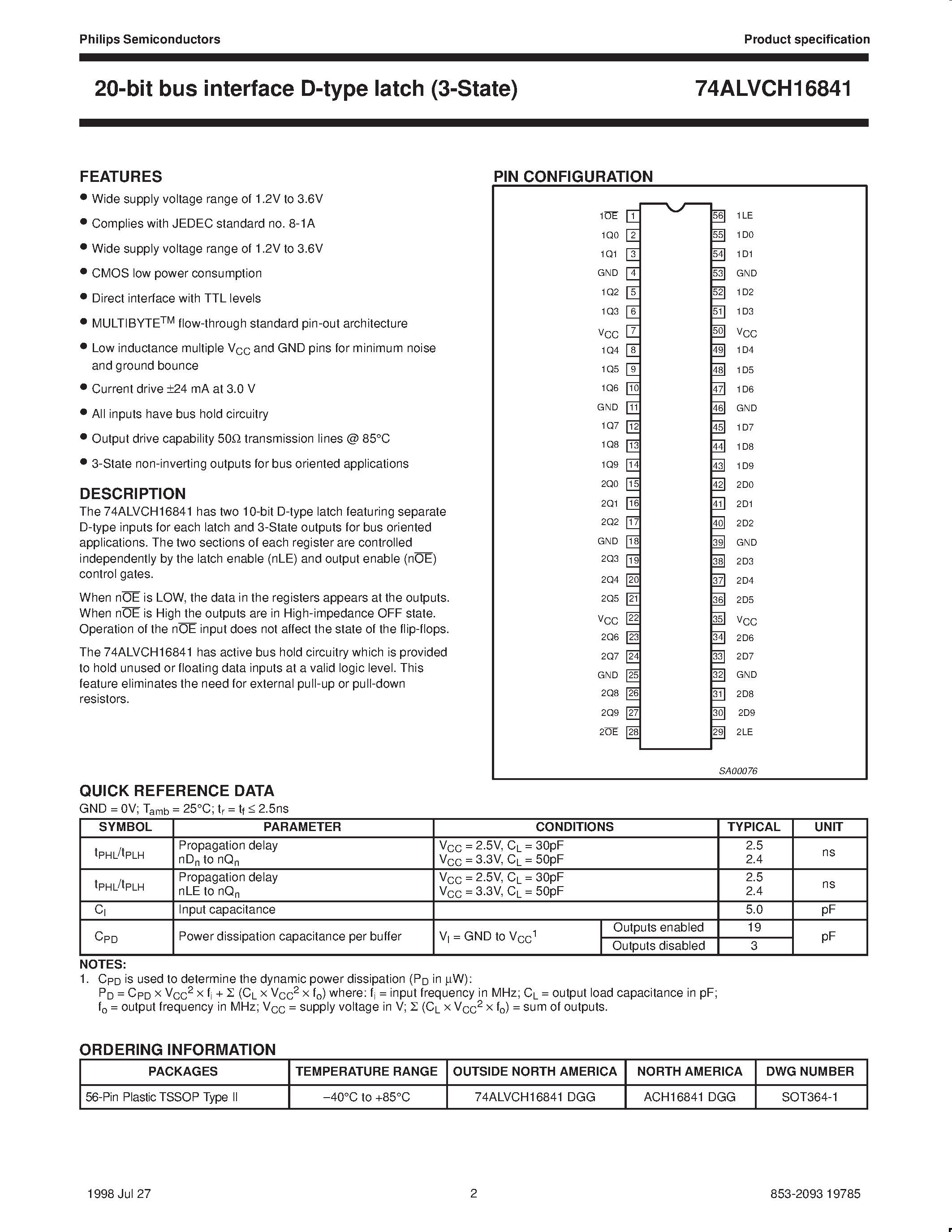 Datasheet 74ALVCH16841 page 2 Datasheet 74ALVCH16841 - 20-bit bus interface D-type latch 3-State page 2