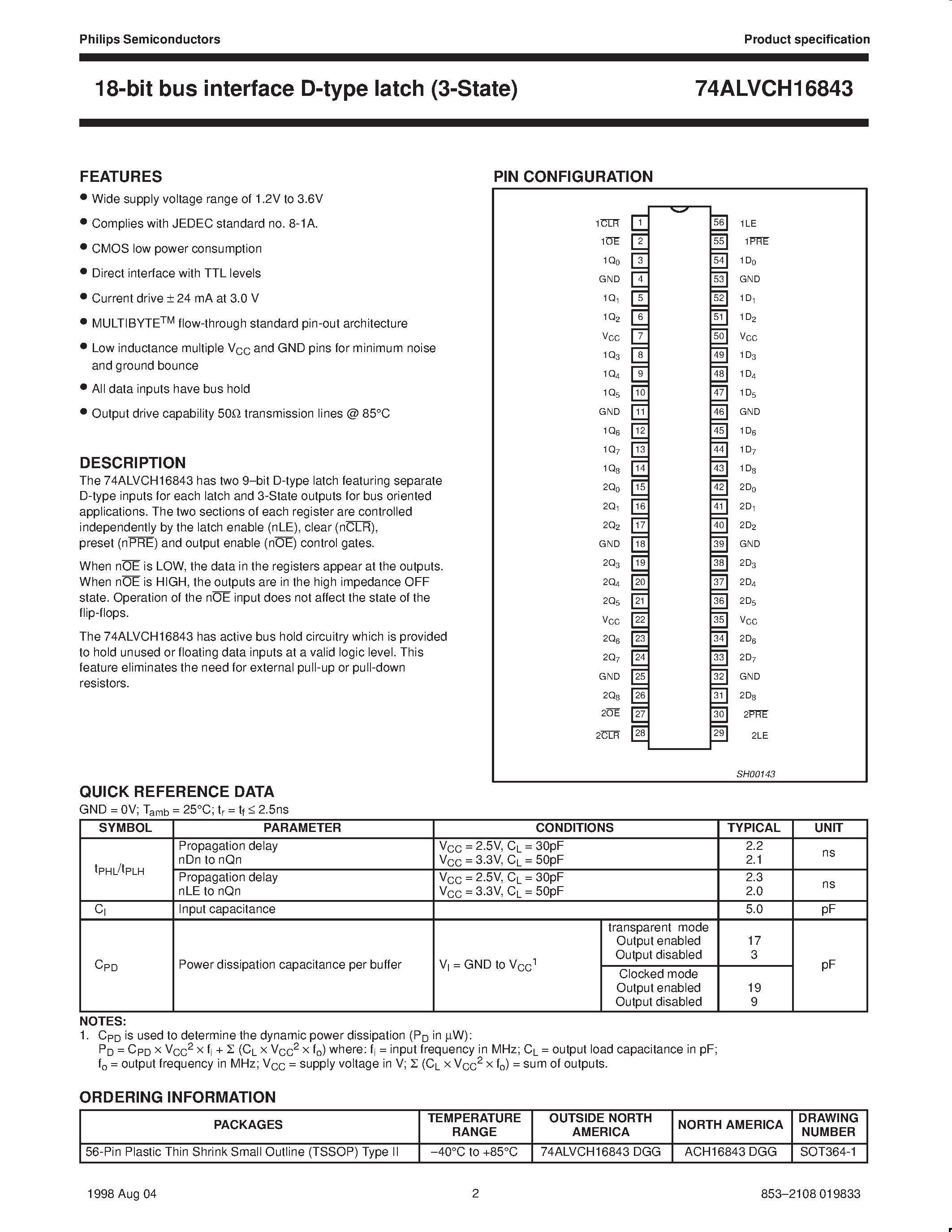 Datasheet 74ALVCH16843 page 2 Datasheet 74ALVCH16843 - 18-bit bus-interface D-type latch 3-State page 2