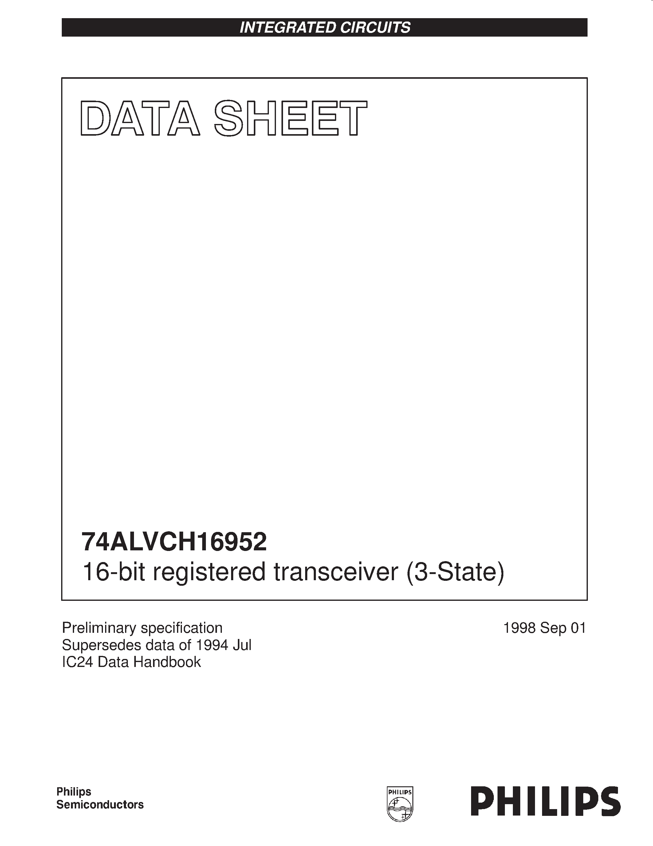 Datasheet 74ALVCH16952 page 1 Datasheet 74ALVCH16952 - 16-bit registered transceiver 3-State page 1