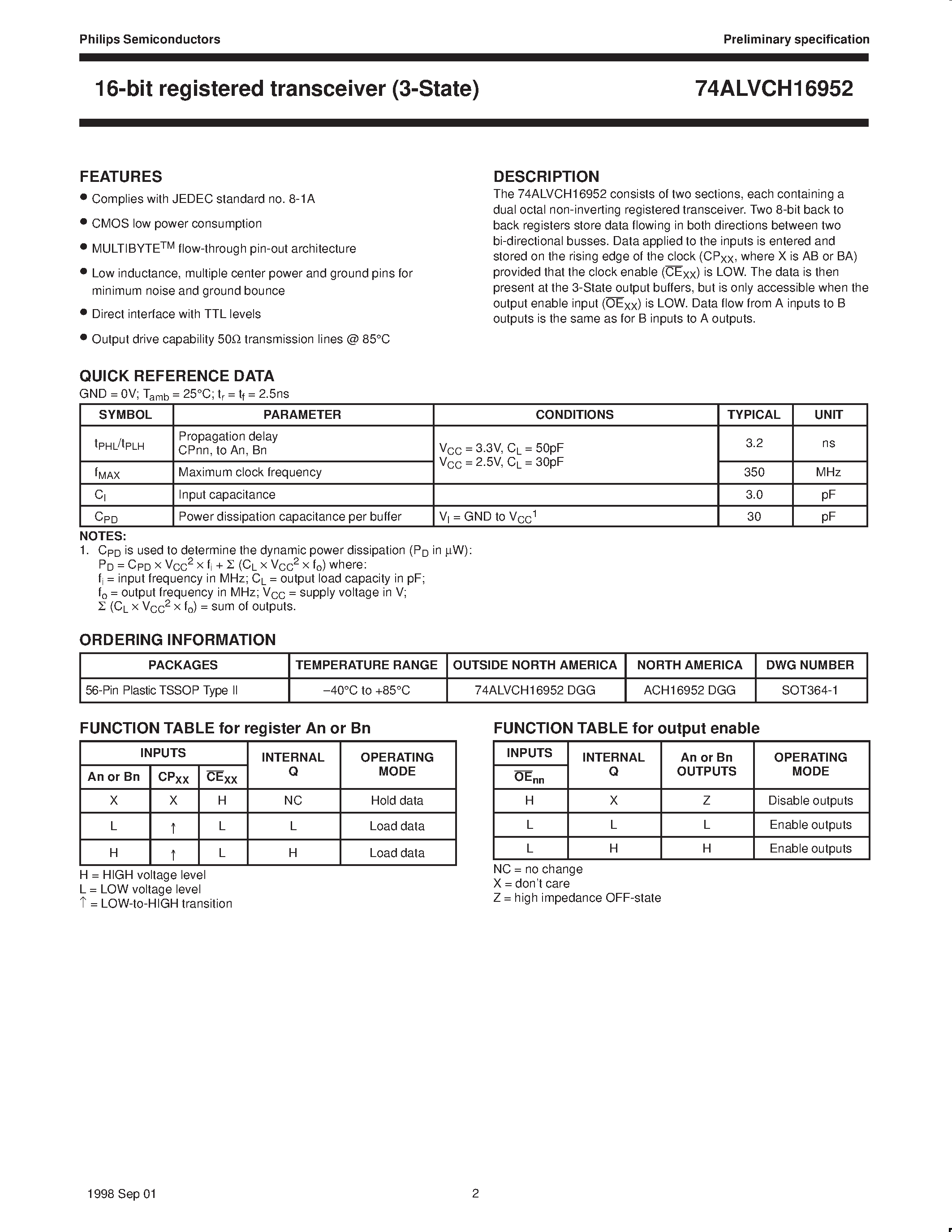 Datasheet 74ALVCH16952 page 2 Datasheet 74ALVCH16952 - 16-bit registered transceiver 3-State page 2