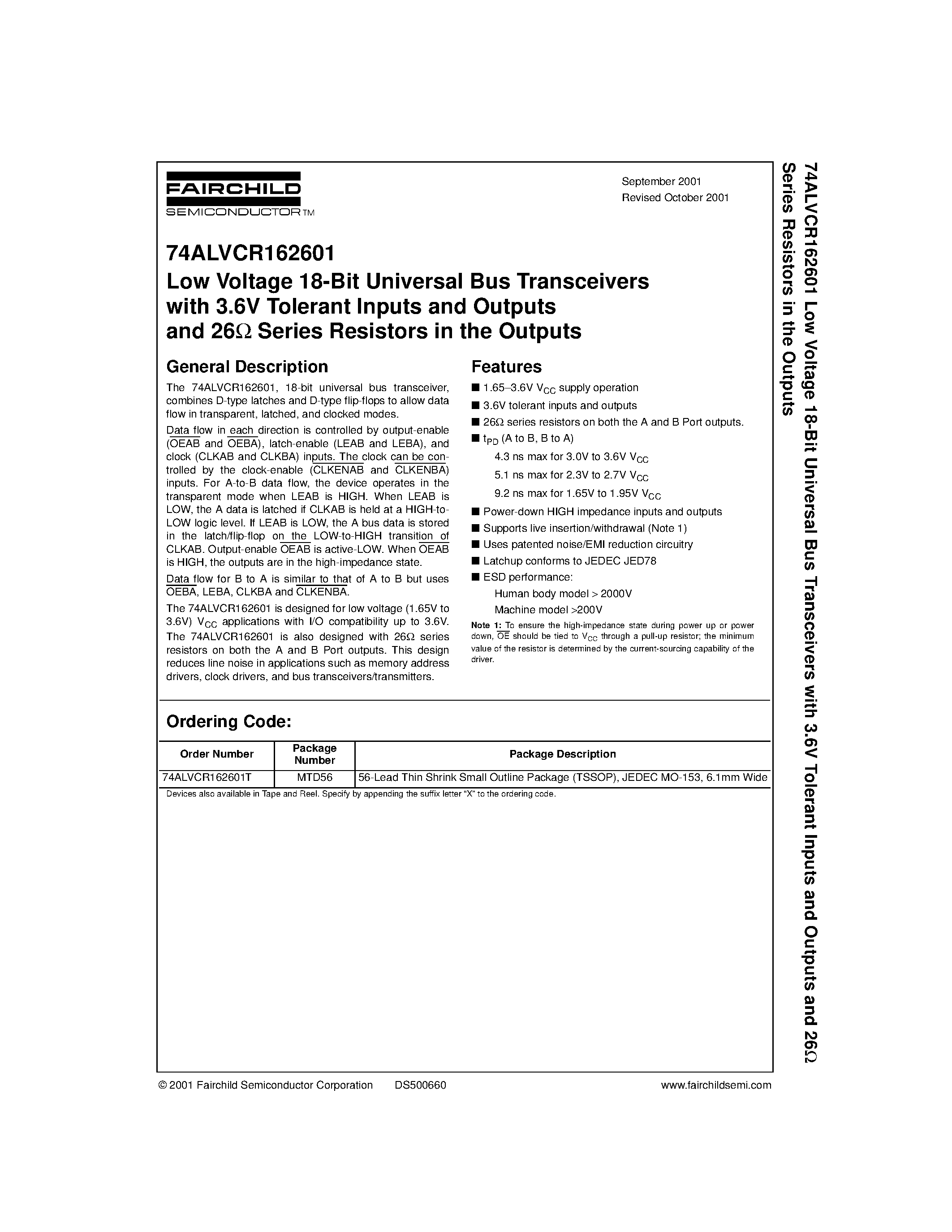 Datasheet 74ALVCR162601 - Low Voltage 18-Bit Universal Bus Transceivers with 3.6V Tolerant Inputs and Outputs and 26 Series Resistors in the Outputs page 1