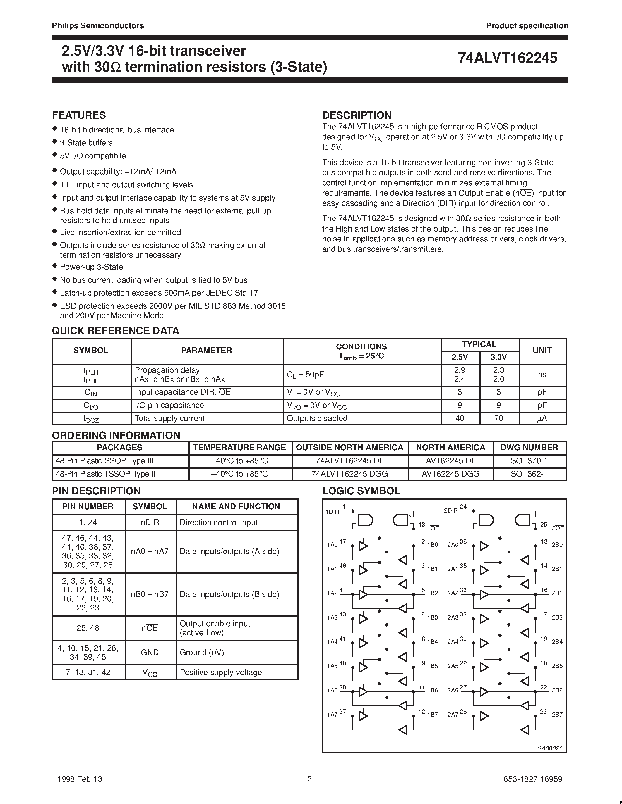 Datasheet 74ALVT162245DL page 2 Datasheet 74ALVT162245DL - 2.5V/3.3V ALVT 16-bit transceiver with 30ohm termination resistors 3-State page 2
