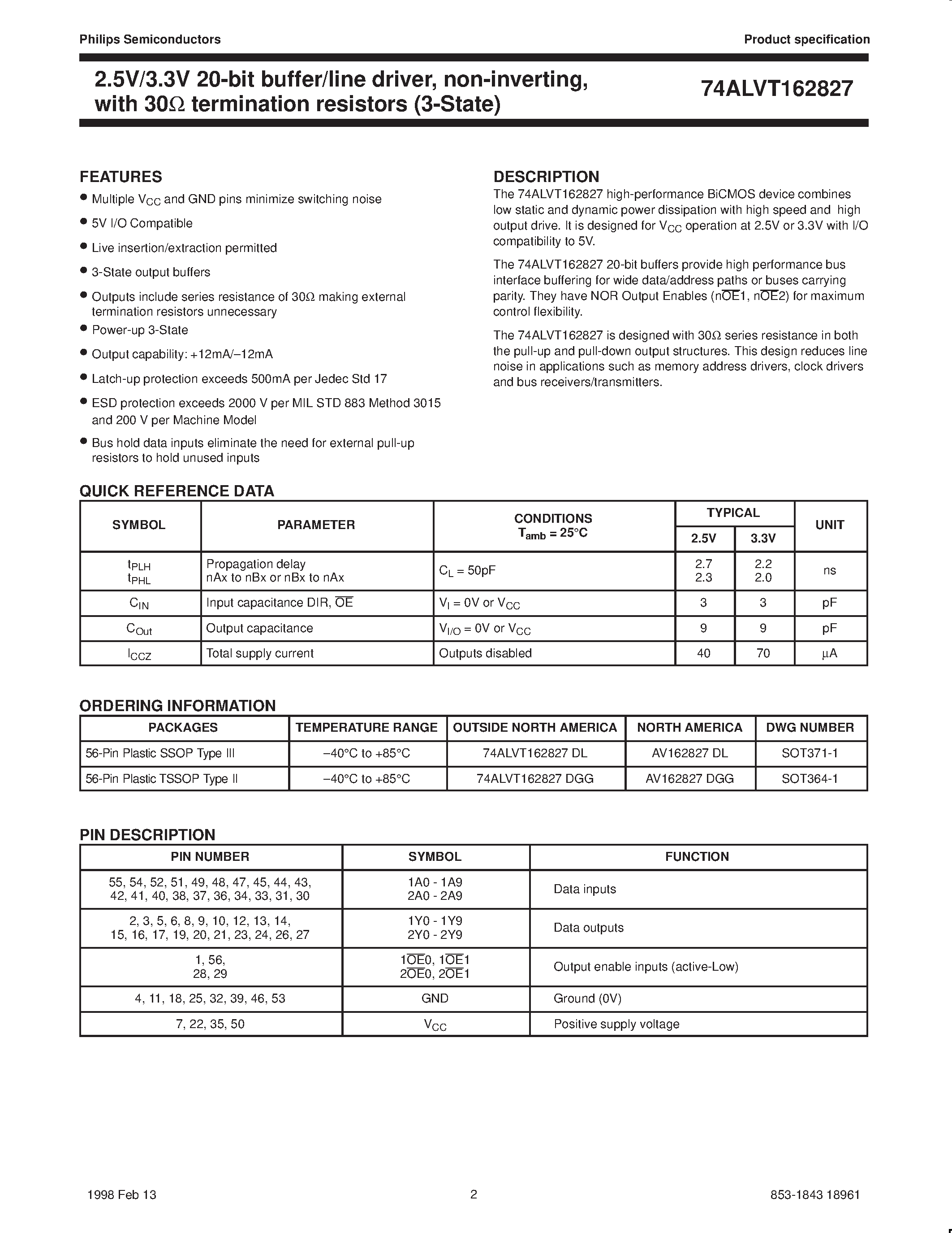 Datasheet 74ALVT162827 page 2 Datasheet 74ALVT162827 - 20-bit buffer/line driver/ non-inverting/ with 30ohm termination resistors 3-State page 2