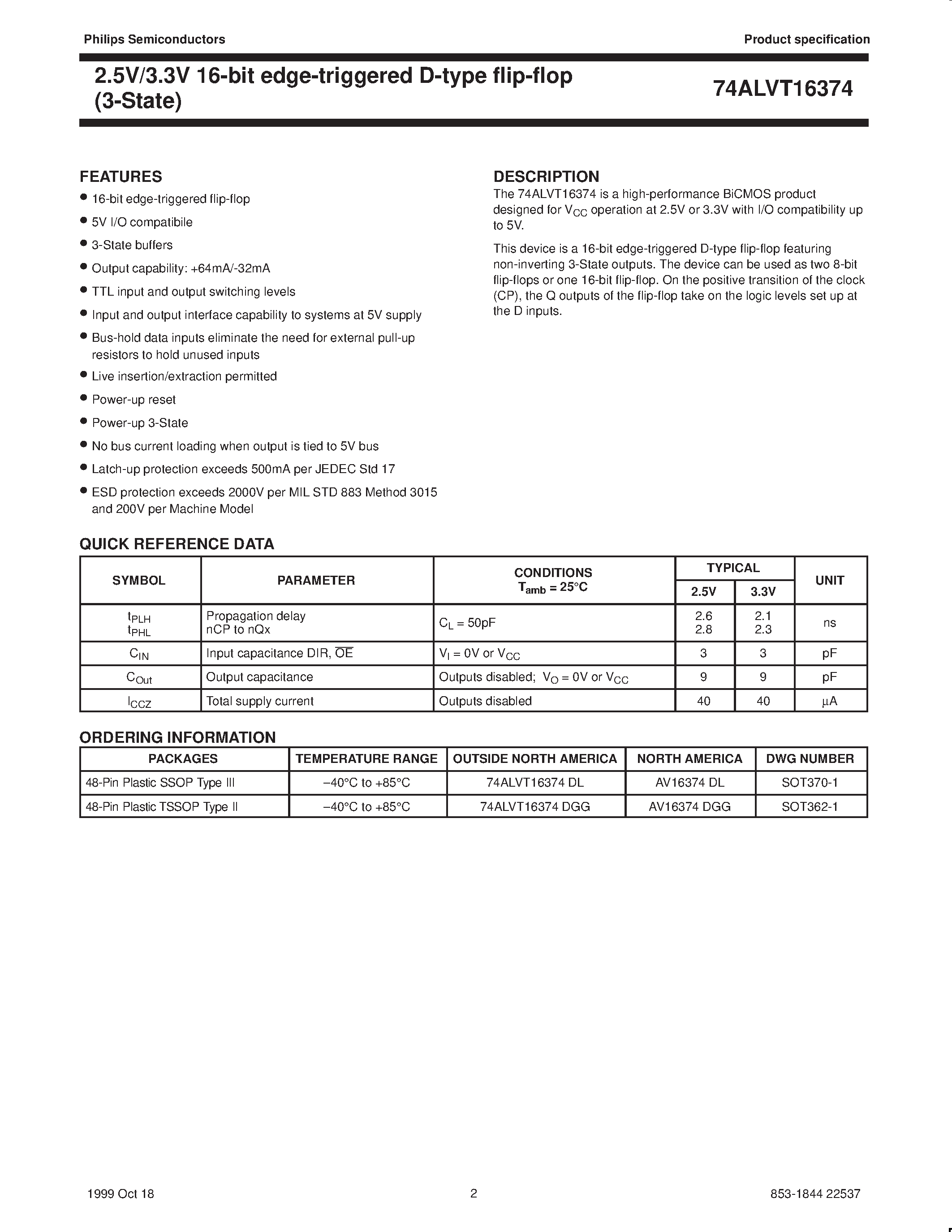 Datasheet 74ALVT16374DL page 2 Datasheet 74ALVT16374DL - 2.5V/3.3V 16-bit edge-triggered D-type flip-flop 3-State page 2