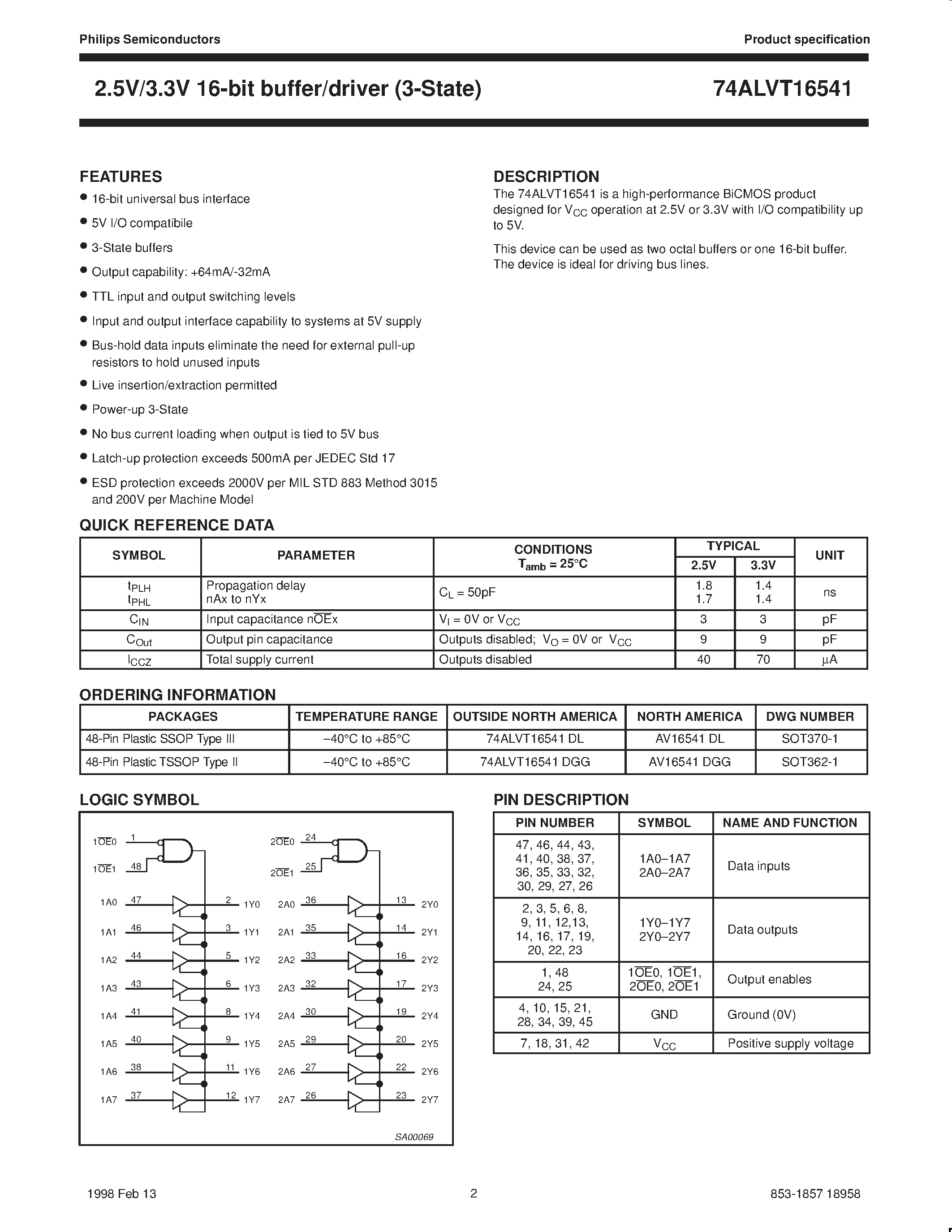 Datasheet 74ALVT16541DGG page 2 Datasheet 74ALVT16541DGG - 2.5V/3.3V 16-bit buffer/driver 3-State page 2