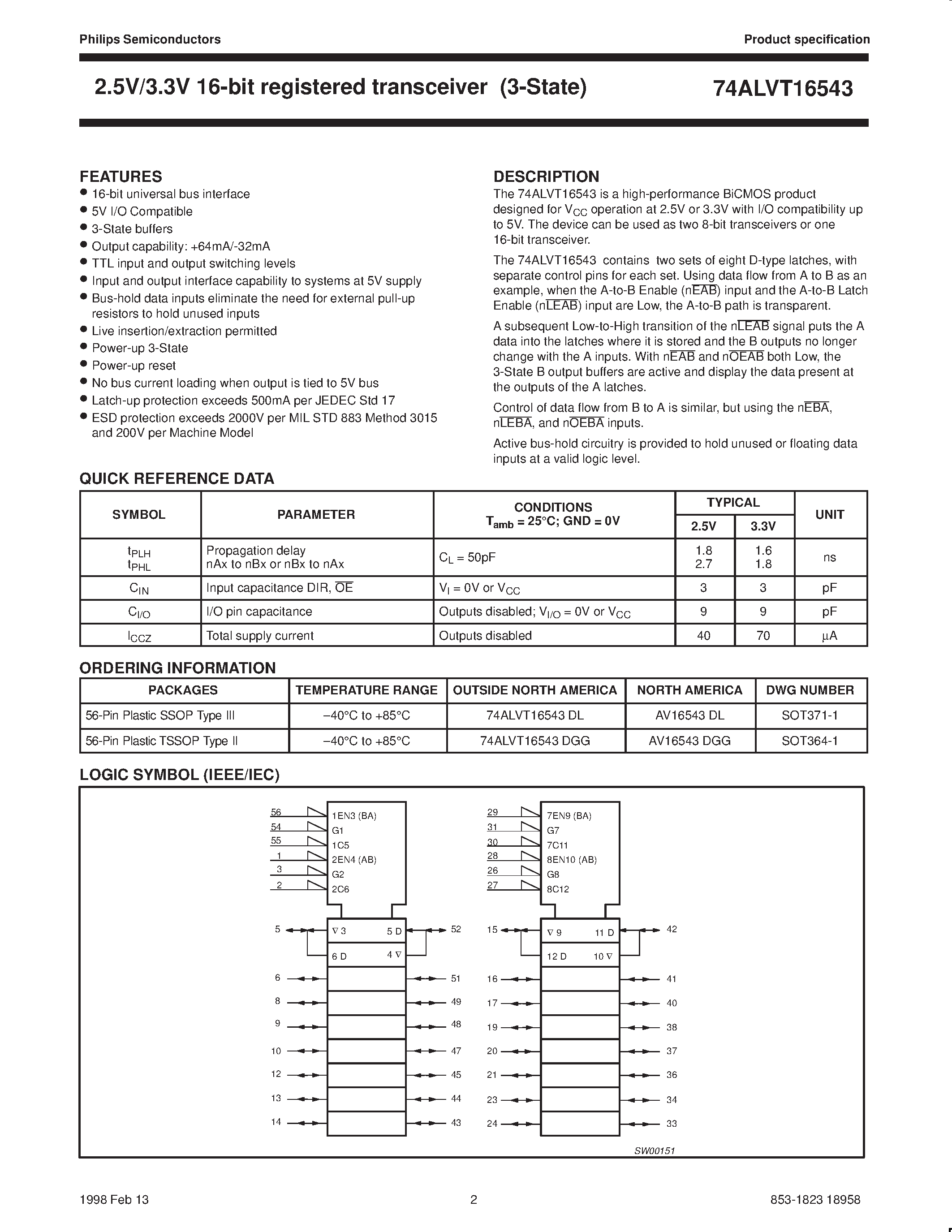 Datasheet 74ALVT16543DGG page 2 Datasheet 74ALVT16543DGG - 2.5V/3.3V ALVT 16-bit registered transceiver 3-State page 2