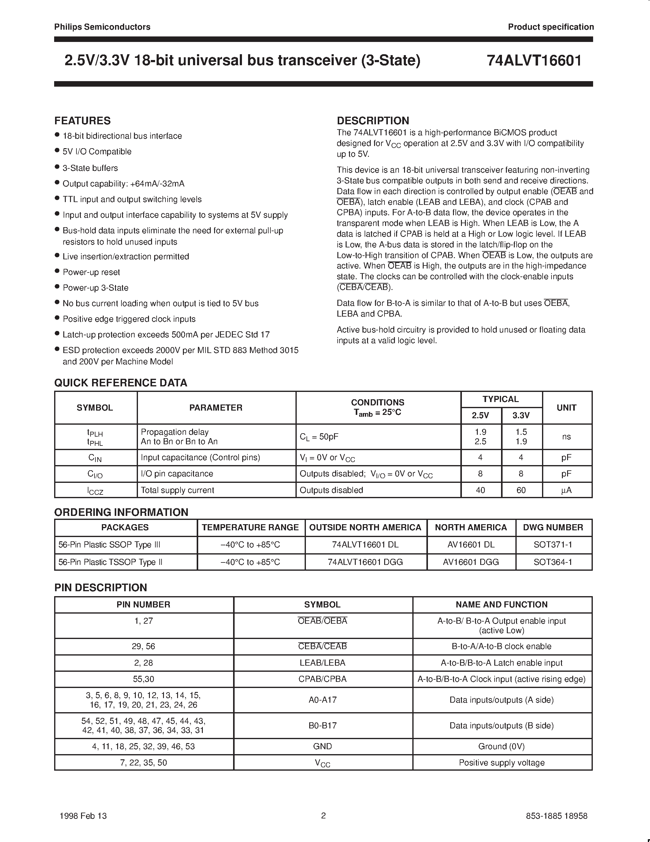 Datasheet 74ALVT16601 page 2 Datasheet 74ALVT16601 - 18-bit universal bus transceiver 3-State page 2