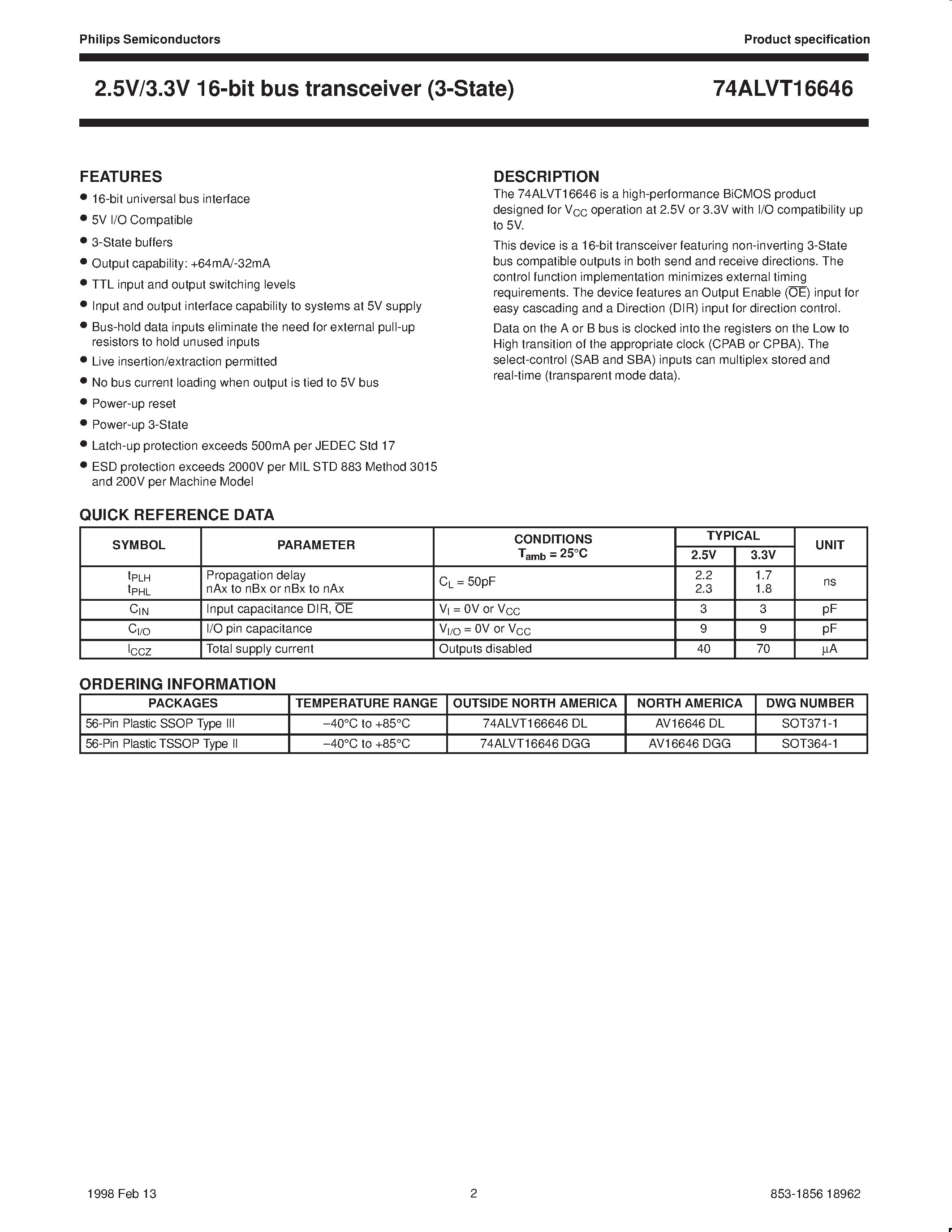 Datasheet 74ALVT166646DL page 2 Datasheet 74ALVT166646DL - 2.5V/3.3V 16-bus transceiver 3-State page 2