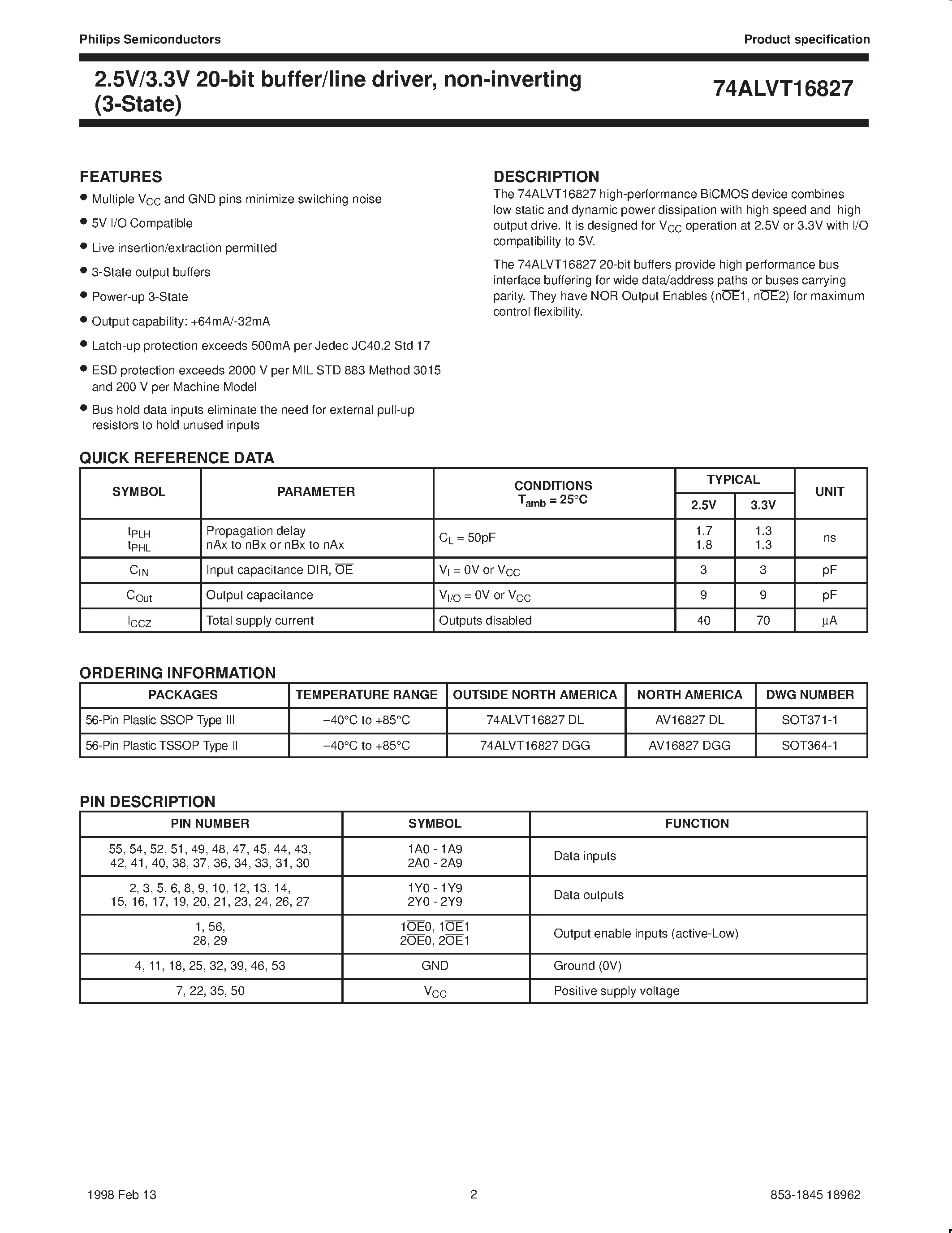Datasheet 74ALVT16827DL page 2 Datasheet 74ALVT16827DL - 2.5V/3.3V ALVT 20-bit buffer/line driver/ non-inverting 3-State page 2