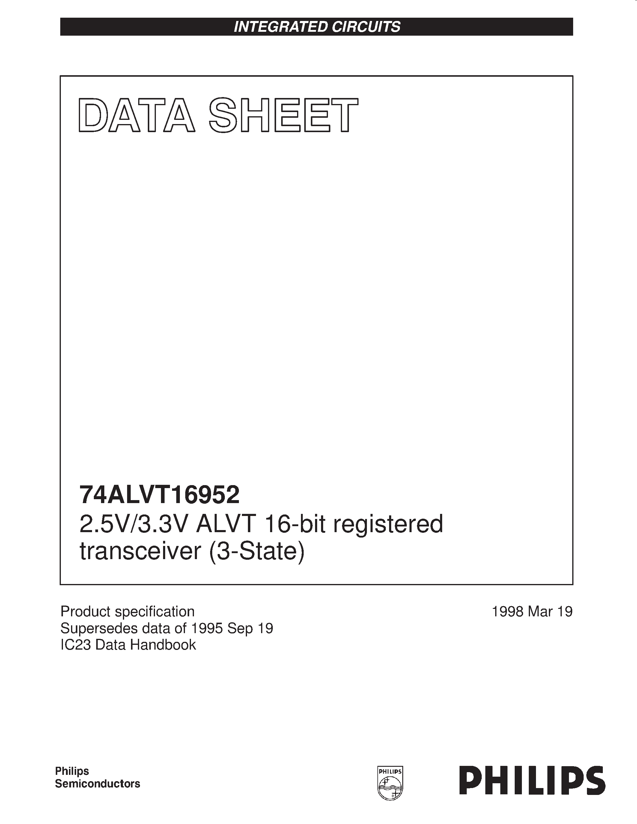 Даташит 74ALVT16952 - 2.5V/3.3V ALVT 16-bit registered transceiver 3-State страница 1