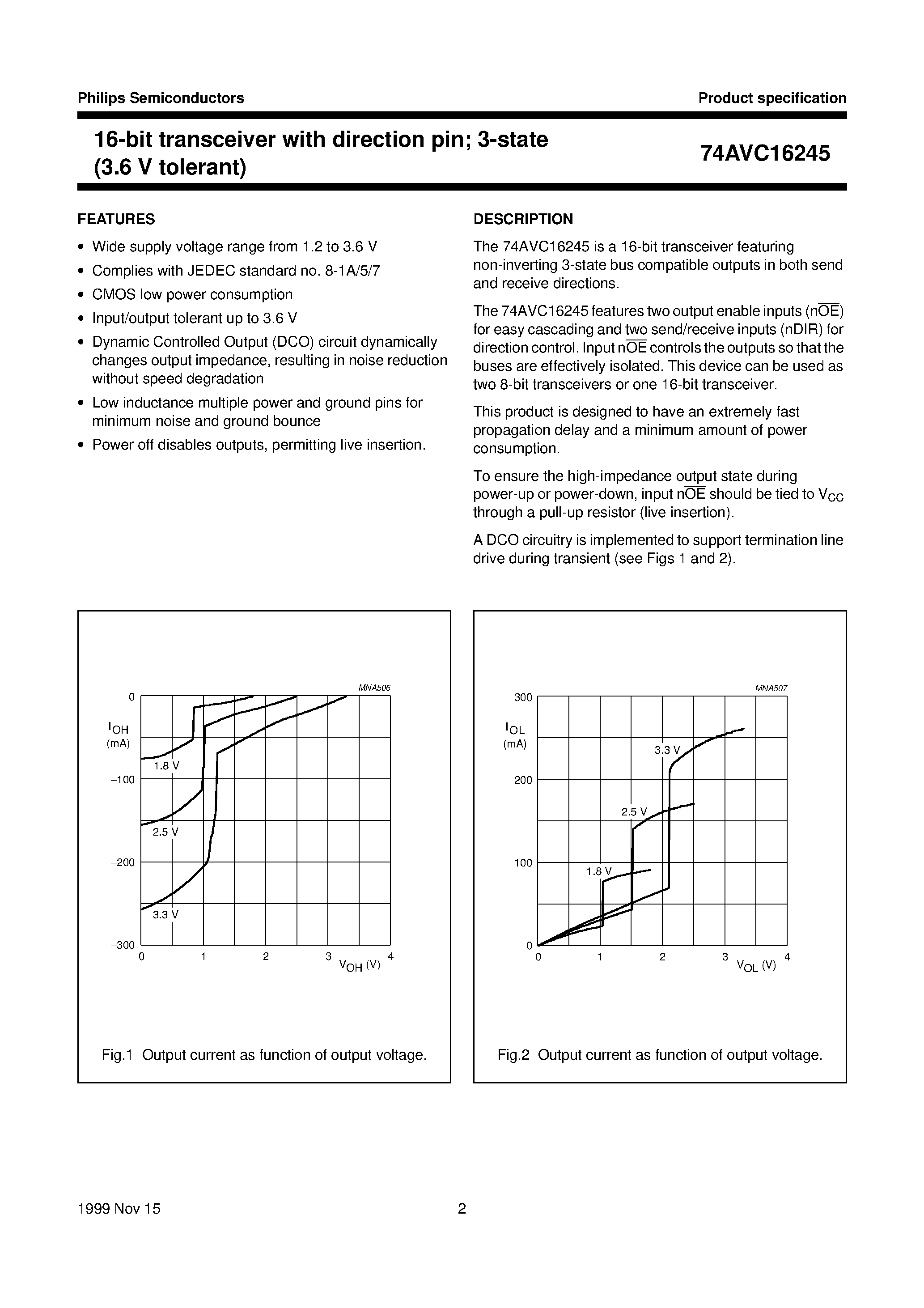 Datasheet 74AVC16245DGG - 16-bit transceiver with direction pin; 3.6 V tolerant; 3-state page 2