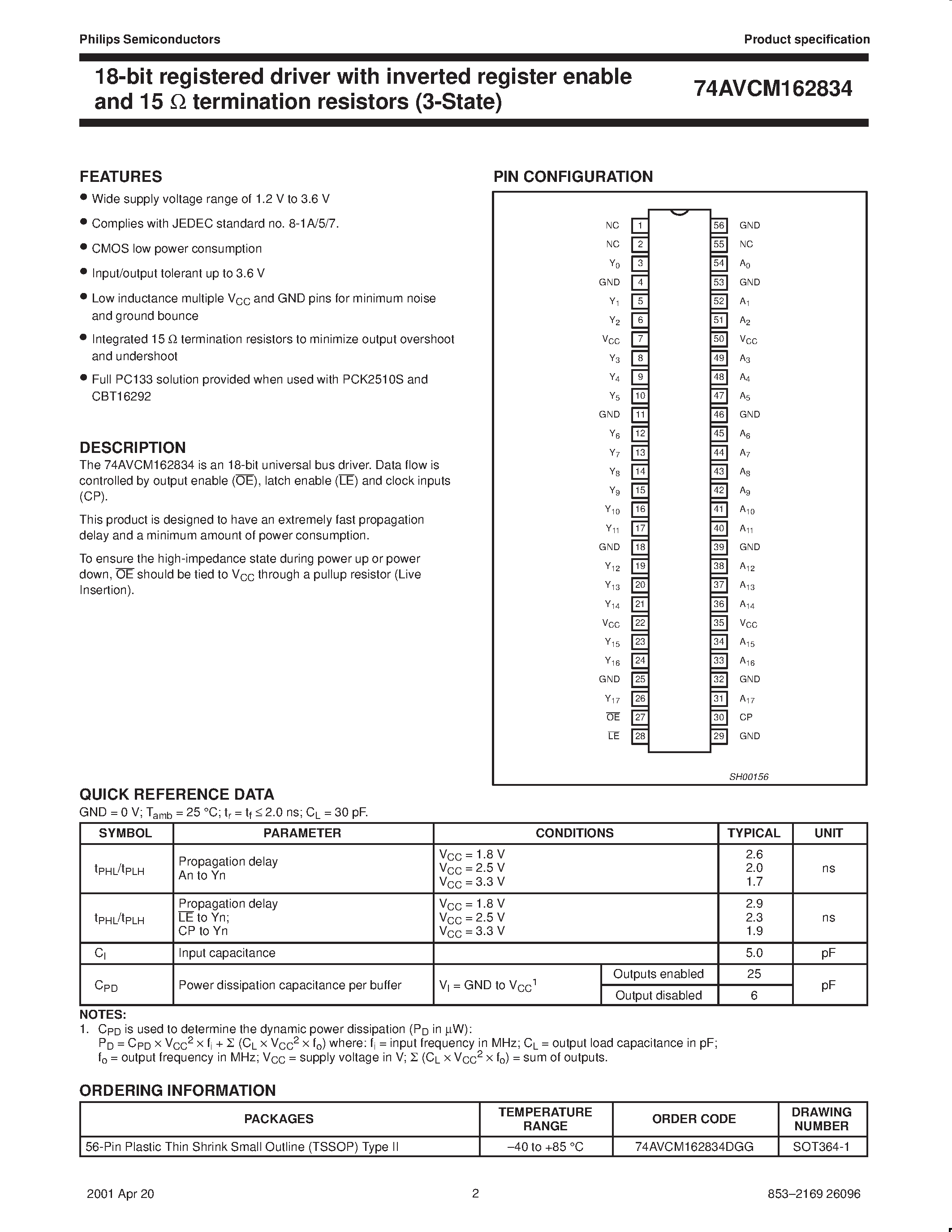 Datasheet 74AVCM162834DGG - 18-bit registered driver with inverted register enable and 15 ohm termination resistors 3-State page 2