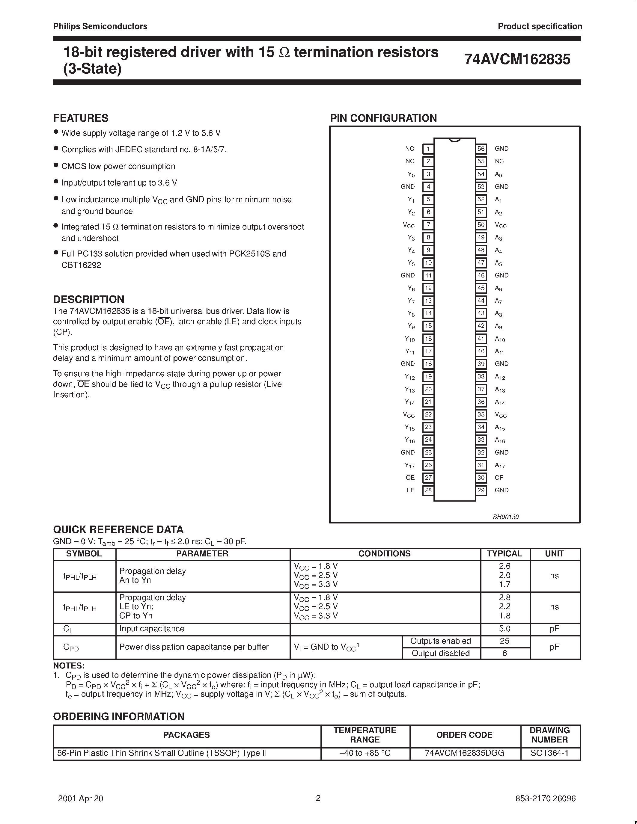 Datasheet 74AVCM162835 - 18-bit registered driver with 15 ohm termination resistors 3-State page 2