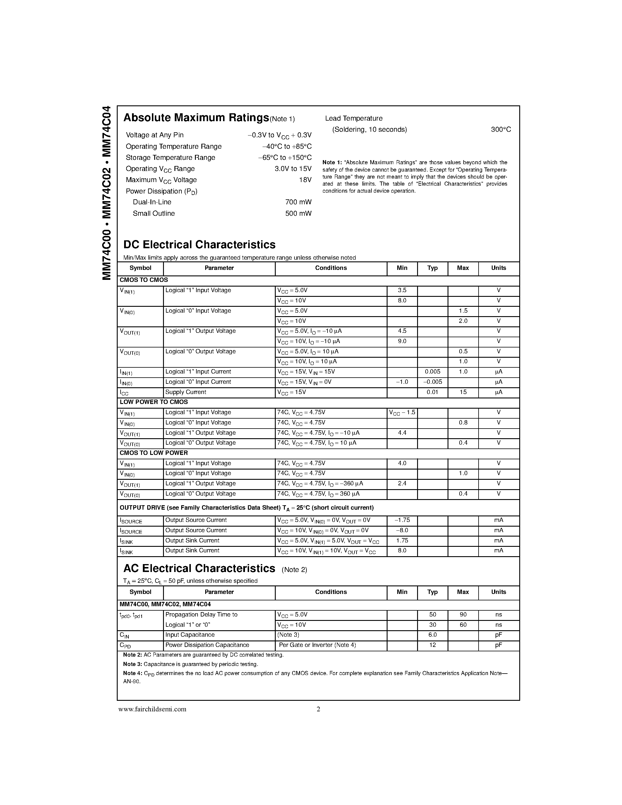 Datasheet 74C00 - Quad 2-Input NAND Gate . Quad 2-Input NOR Gate . Hex Inverter page 2