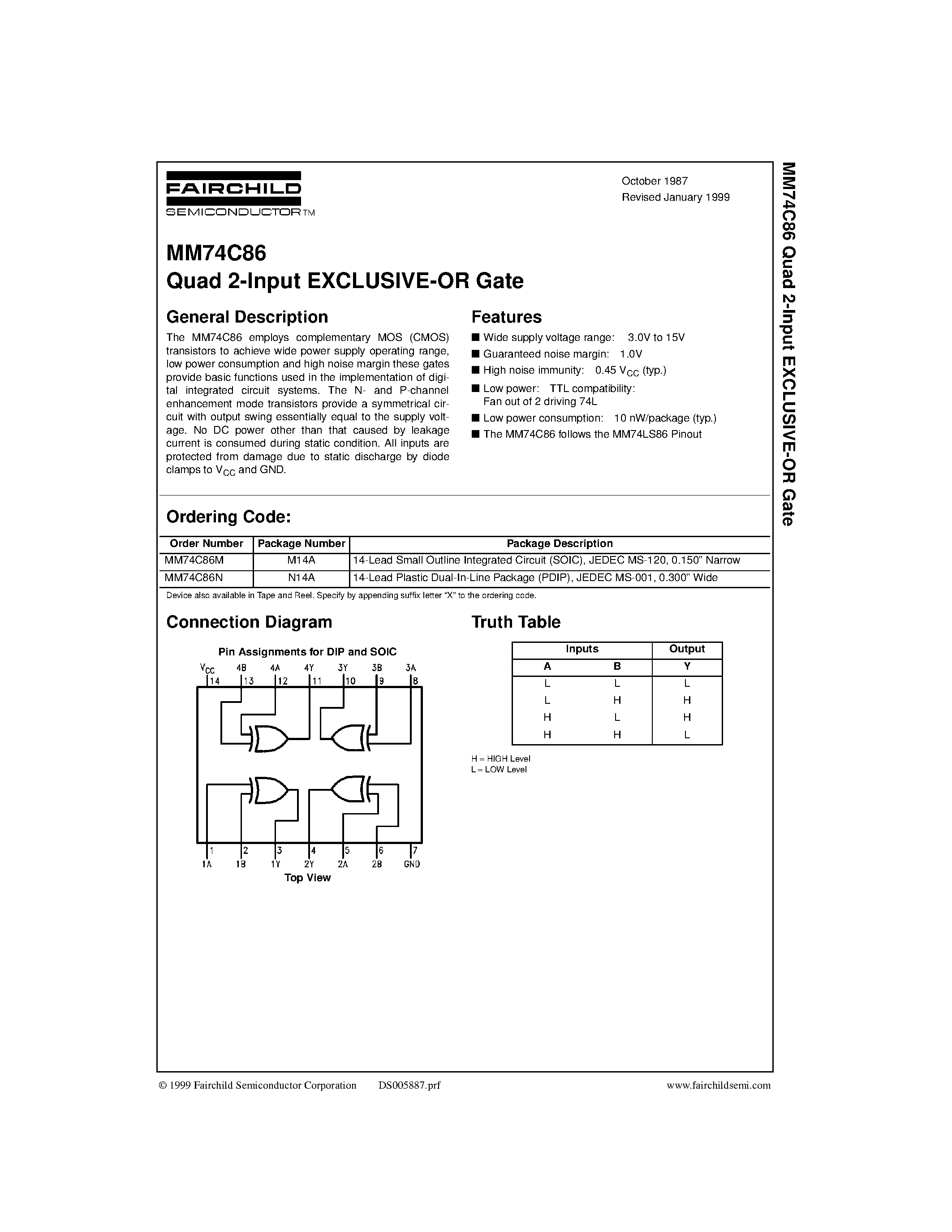 Datasheet 74C86 page 1 Datasheet 74C86 - Quad 2-Input EXCLUSIVE-OR Gate page 1