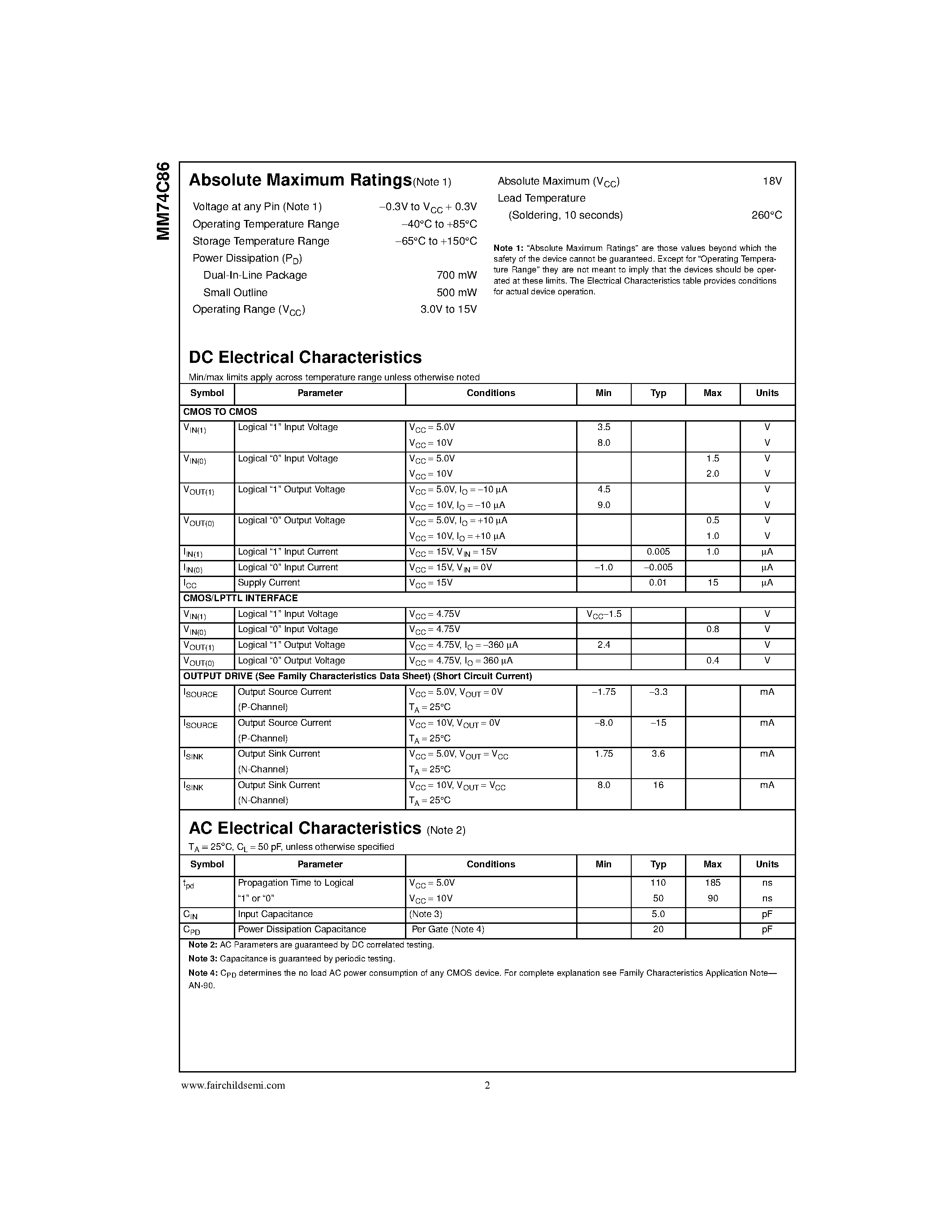 Datasheet 74C86 page 2 Datasheet 74C86 - Quad 2-Input EXCLUSIVE-OR Gate page 2