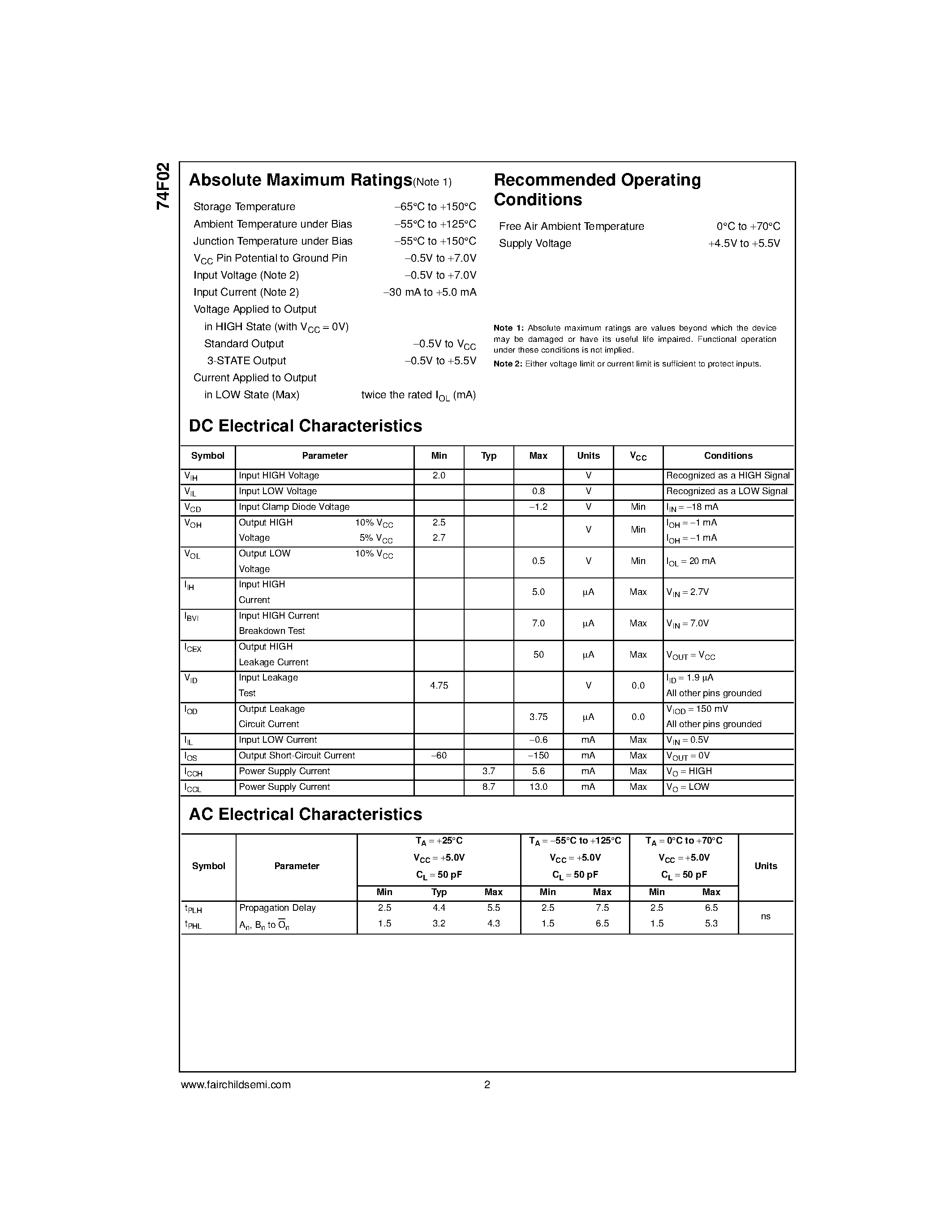 Datasheet 74F02SC page 2 Datasheet 74F02SC - Quad 2-Input NOR Gate page 2