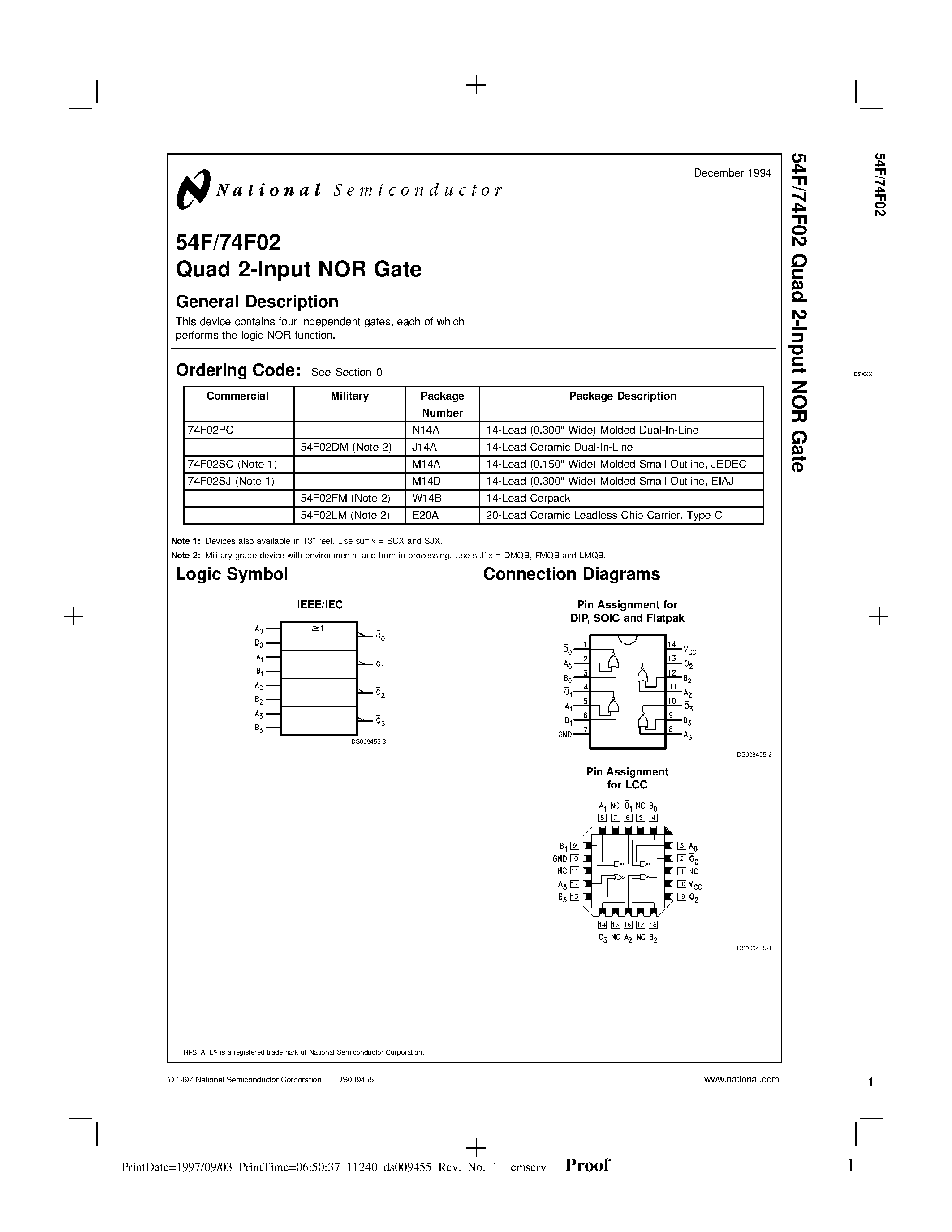Datasheet 74F02SJ page 1 Datasheet 74F02SJ - Quad 2-Input NOR Gate page 1