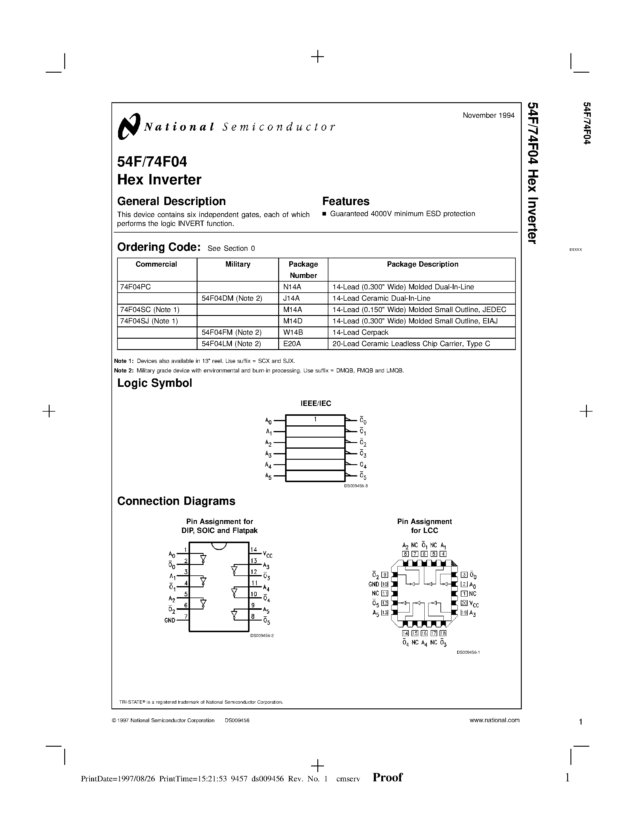 Datasheet 74F04PC page 1 Datasheet 74F04PC - Hex Inverter page 1