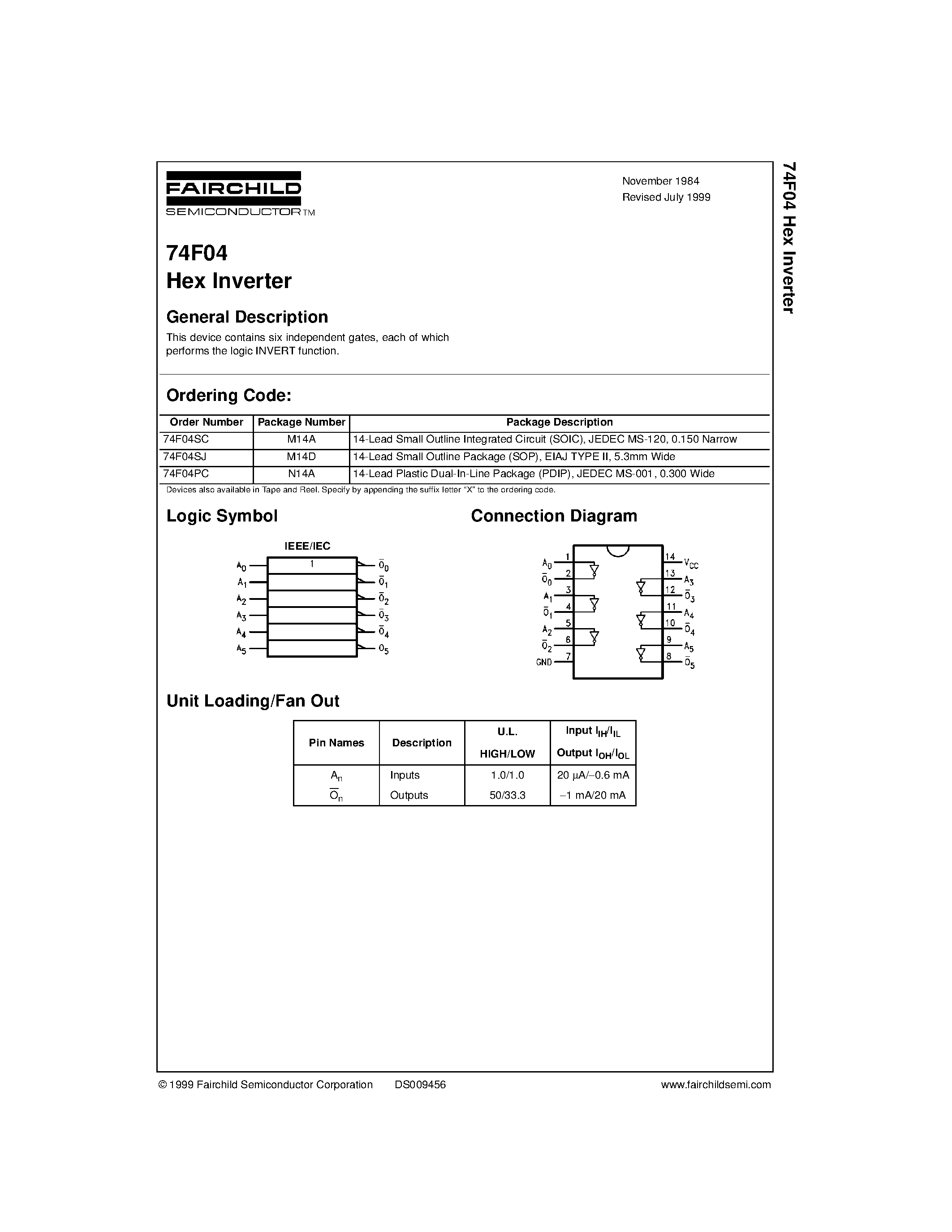 Datasheet 74F04SC page 1 Datasheet 74F04SC - Hex Inverter page 1