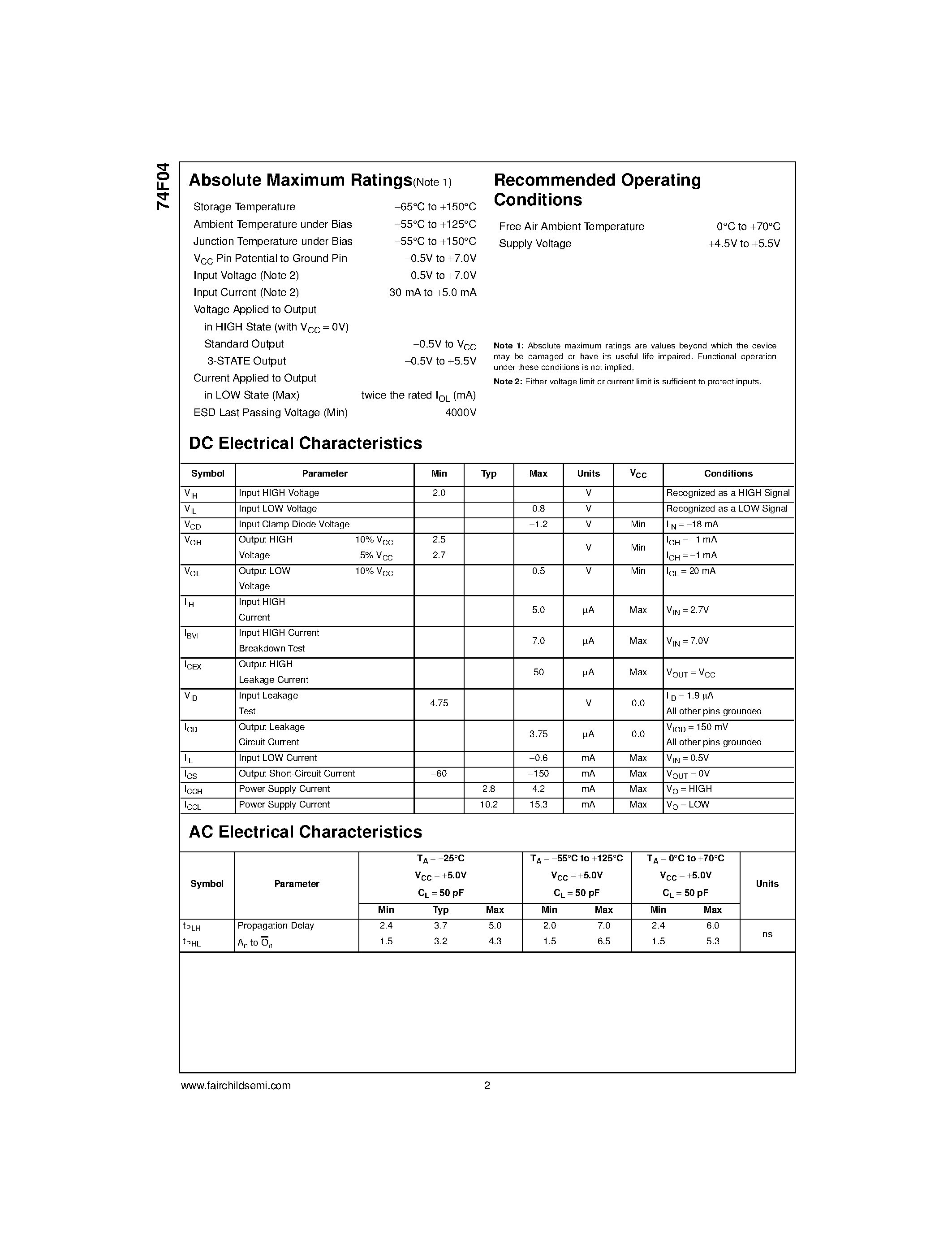 Datasheet 74F04SC page 2 Datasheet 74F04SC - Hex Inverter page 2