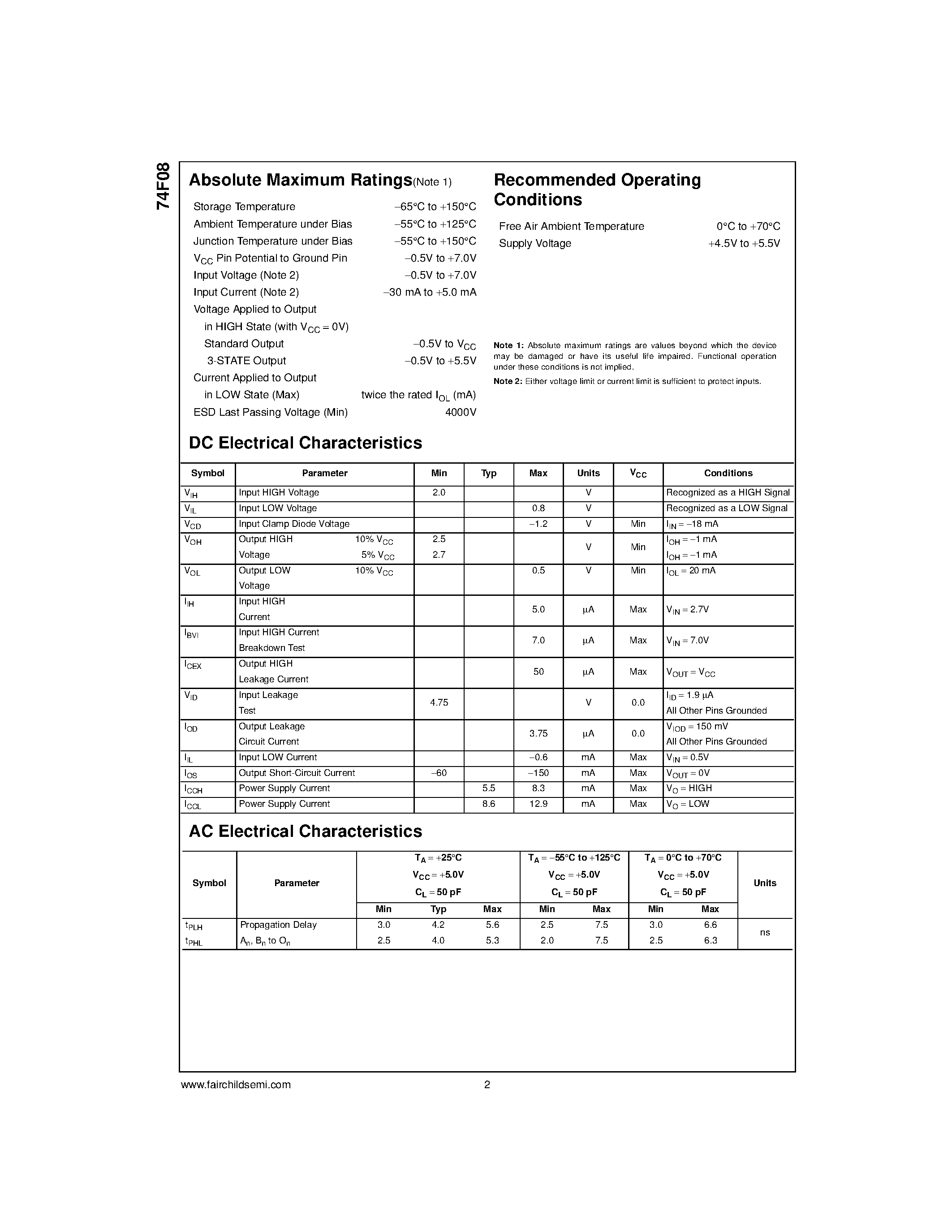 Datasheet 74F08 page 2 Datasheet 74F08 - Quad 2-Input AND Gate page 2