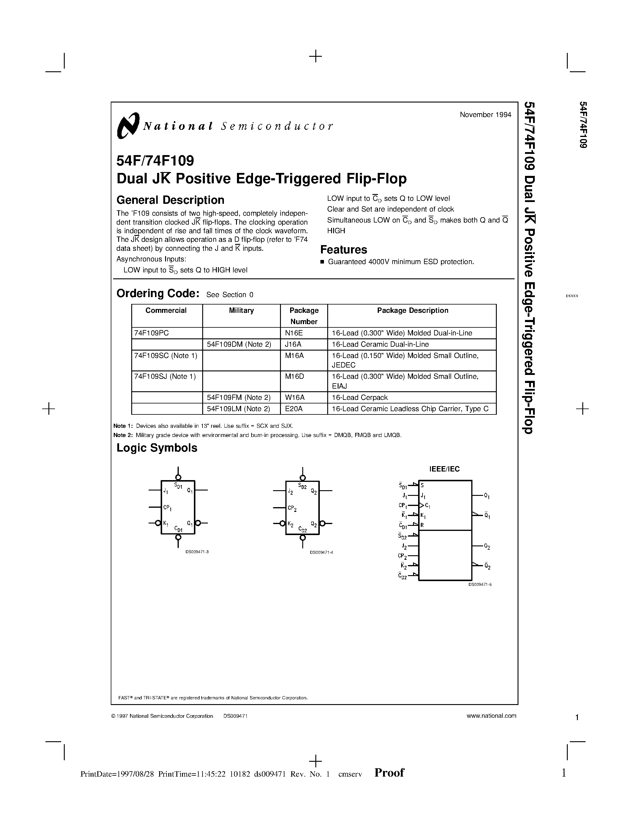 Datasheet 74F109PC - Dual JK Positive Edge-Triggered Flip-Flop page 1