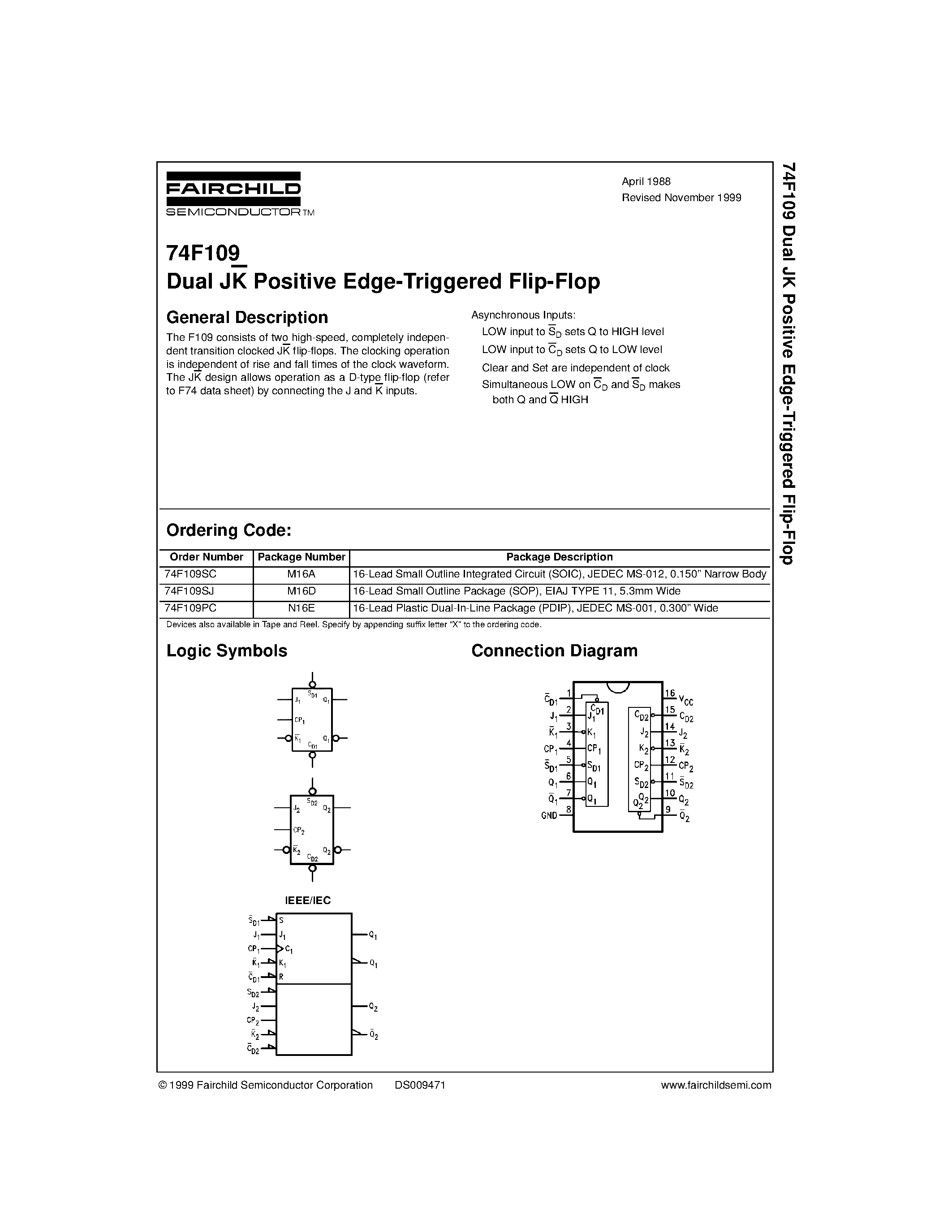 Datasheet 74F109SC - Dual JK Positive Edge-Triggered Flip-Flop page 1