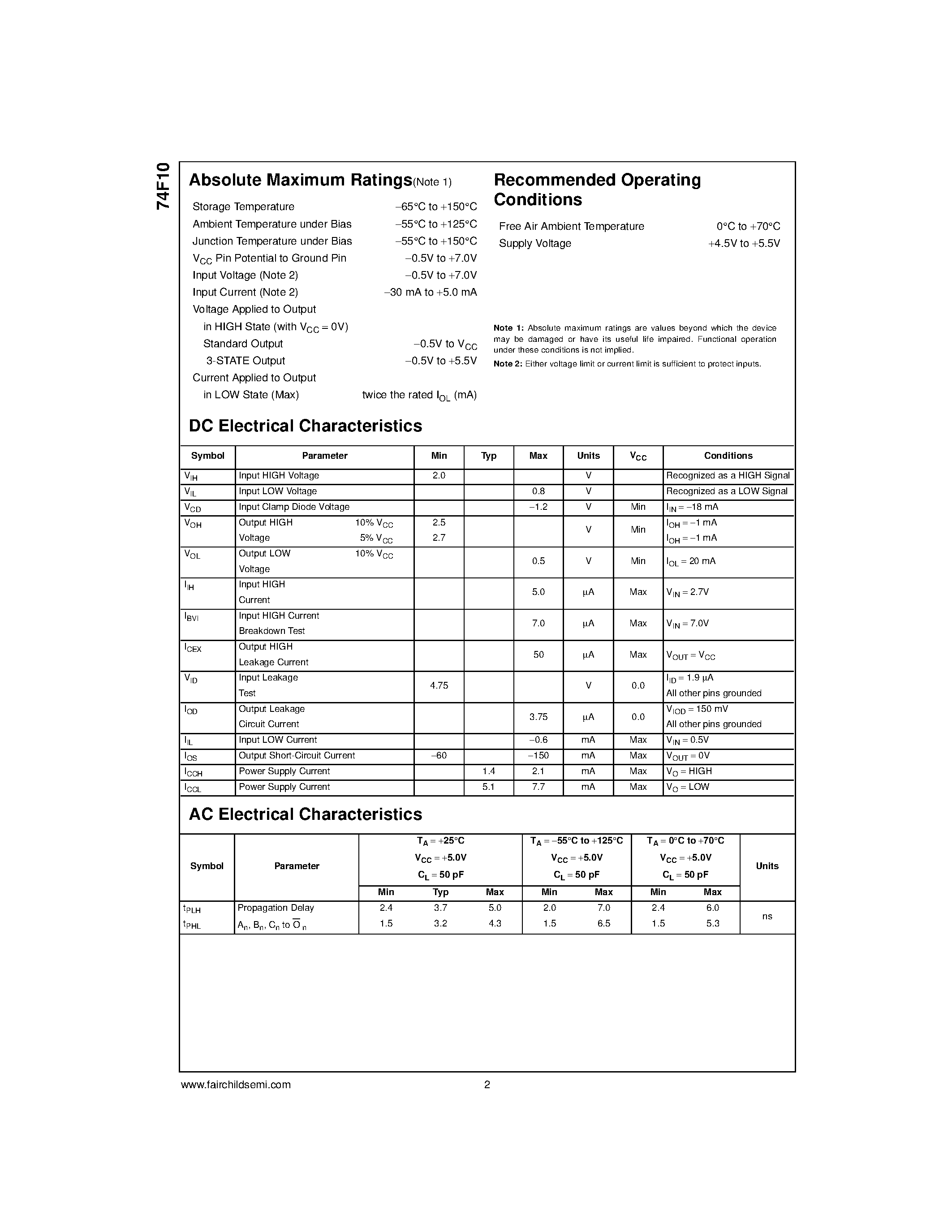 Datasheet 74F10PC page 2 Datasheet 74F10PC - Triple 3-Input NAND Gate page 2