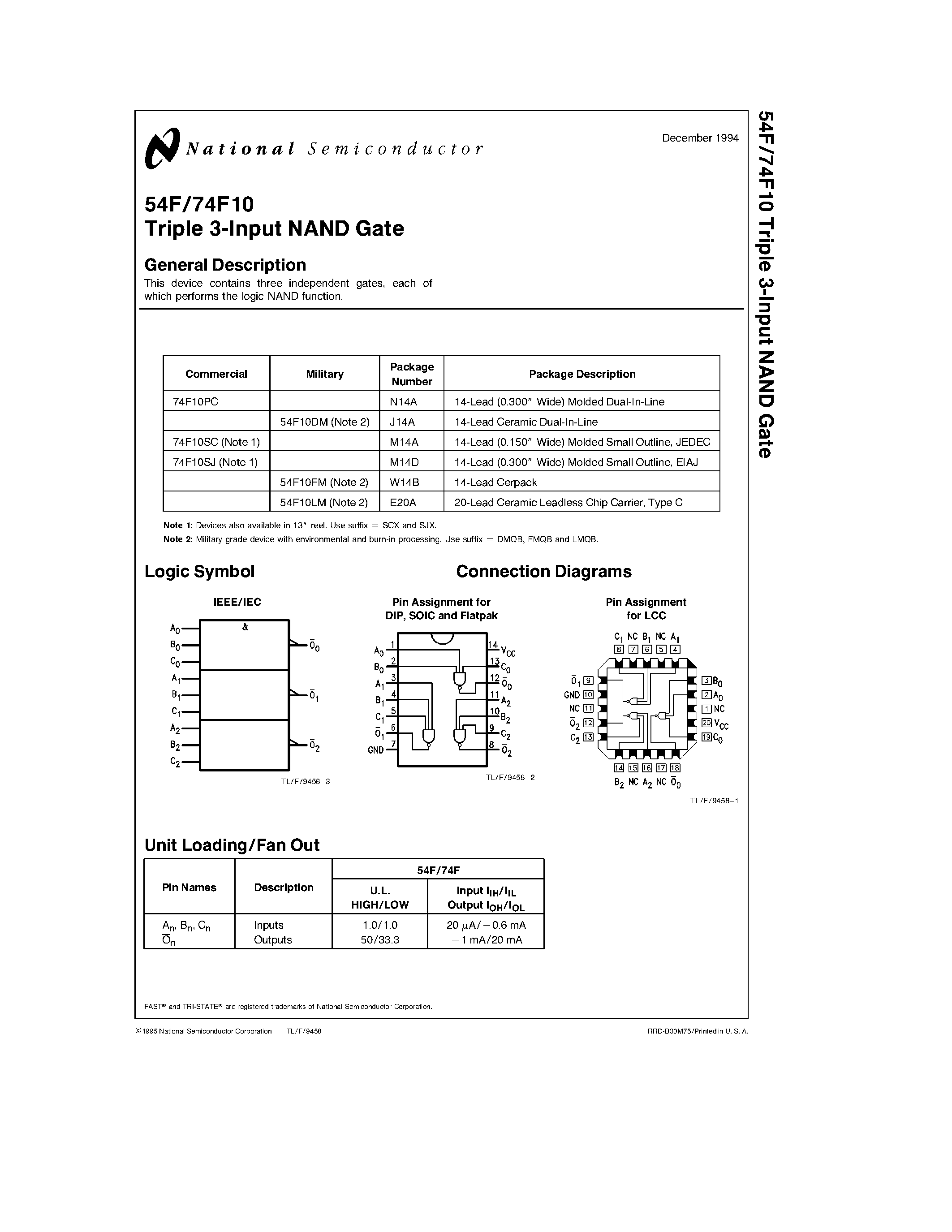Datasheet 74F10PC - Triple 3-Input NAND Gate page 1