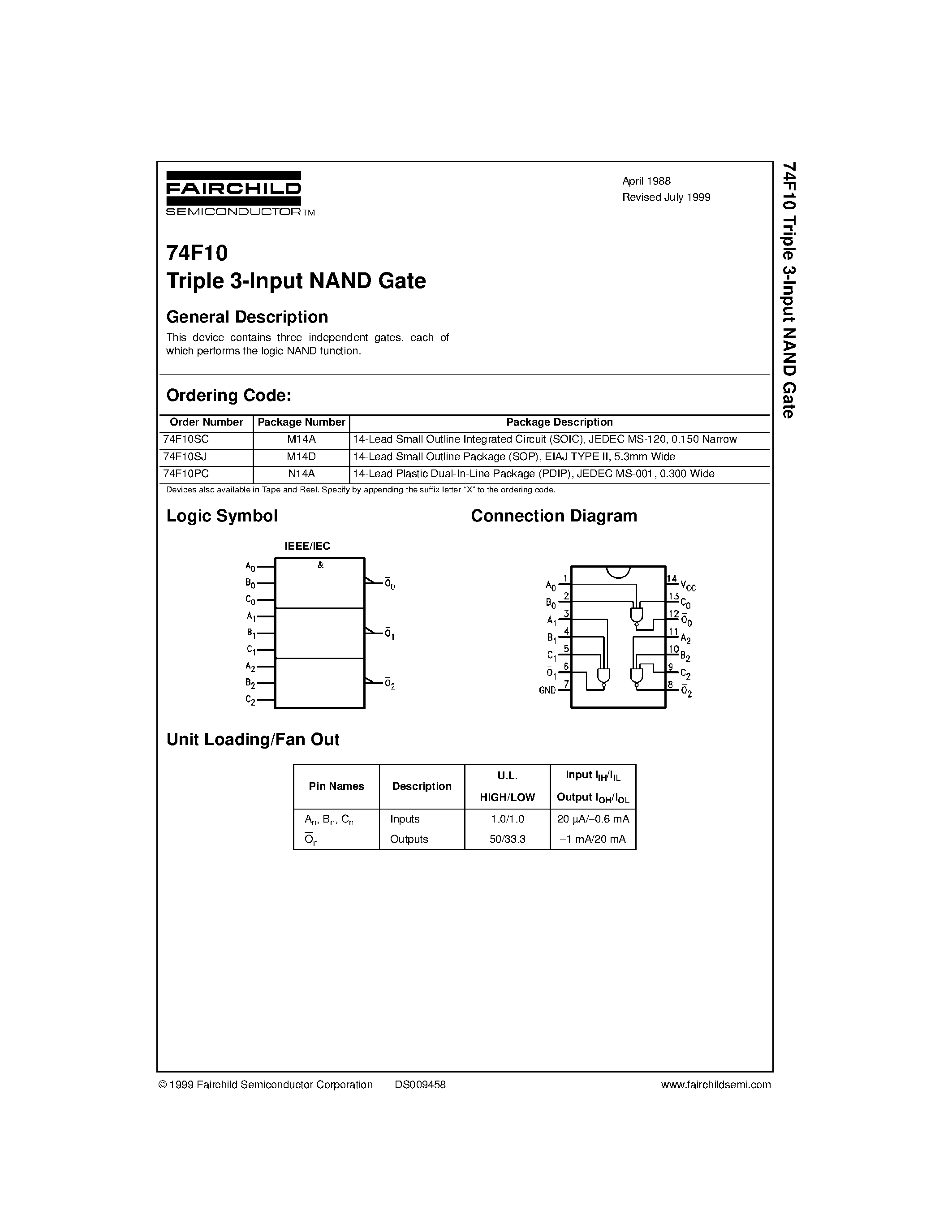 Даташит на микросхему 74F10SJ страница 1 Даташит 74F10SJ - Triple 3-Input NAND Gate страница 1