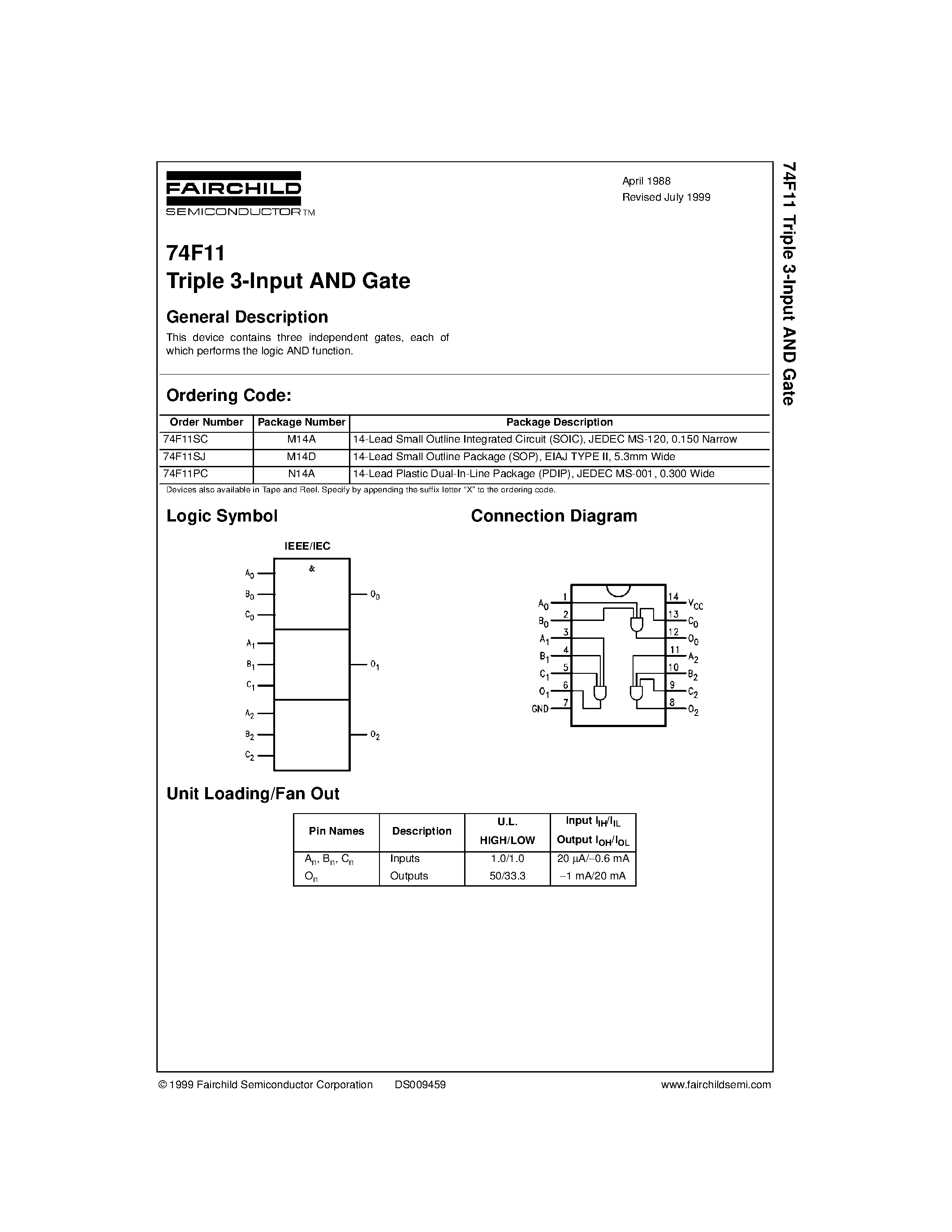 Даташит на микросхему 74F11 страница 1 Даташит 74F11 - Triple 3-Input AND Gate страница 1