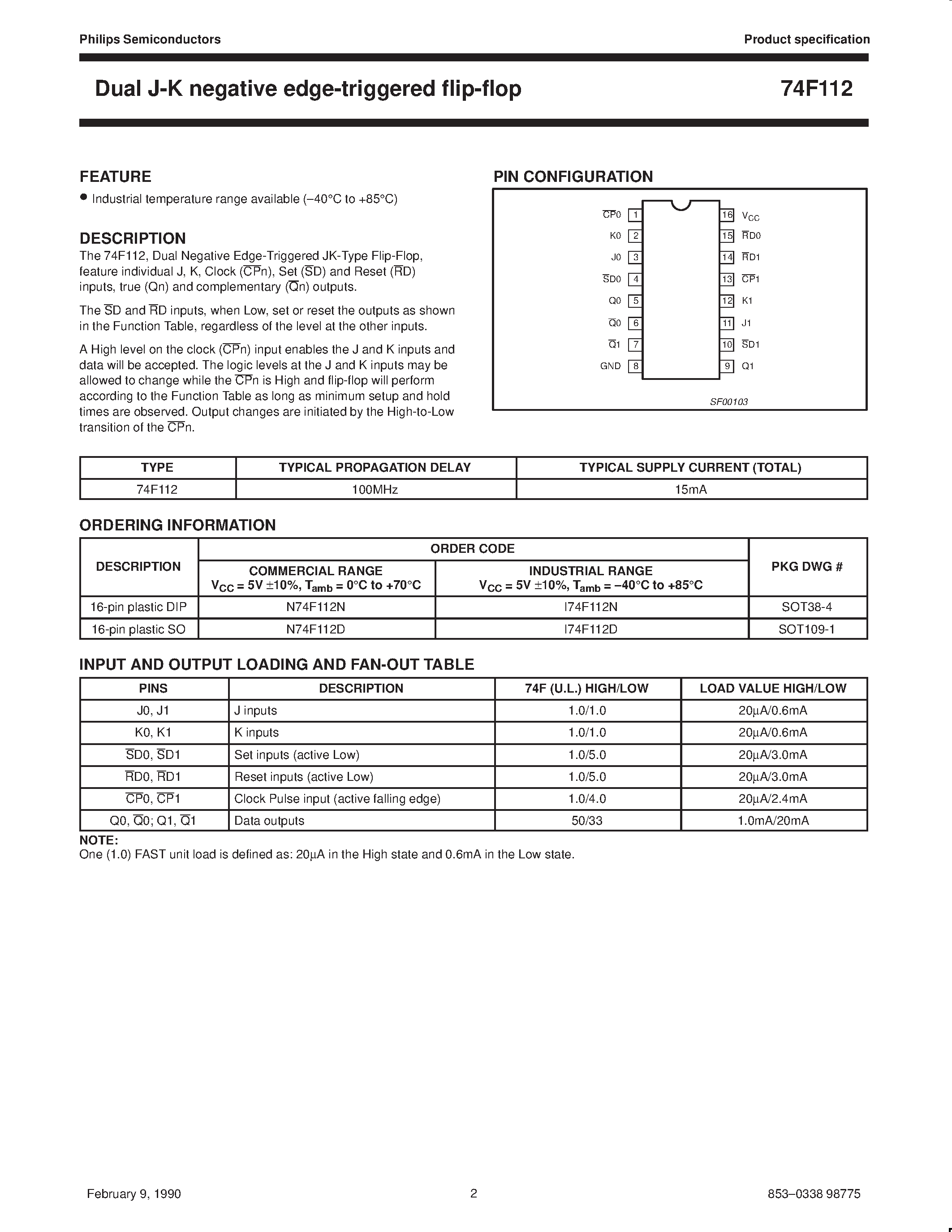 Datasheet 74F112 page 2 Datasheet 74F112 - Dual J-K negative edge-triggered flip-flop page 2