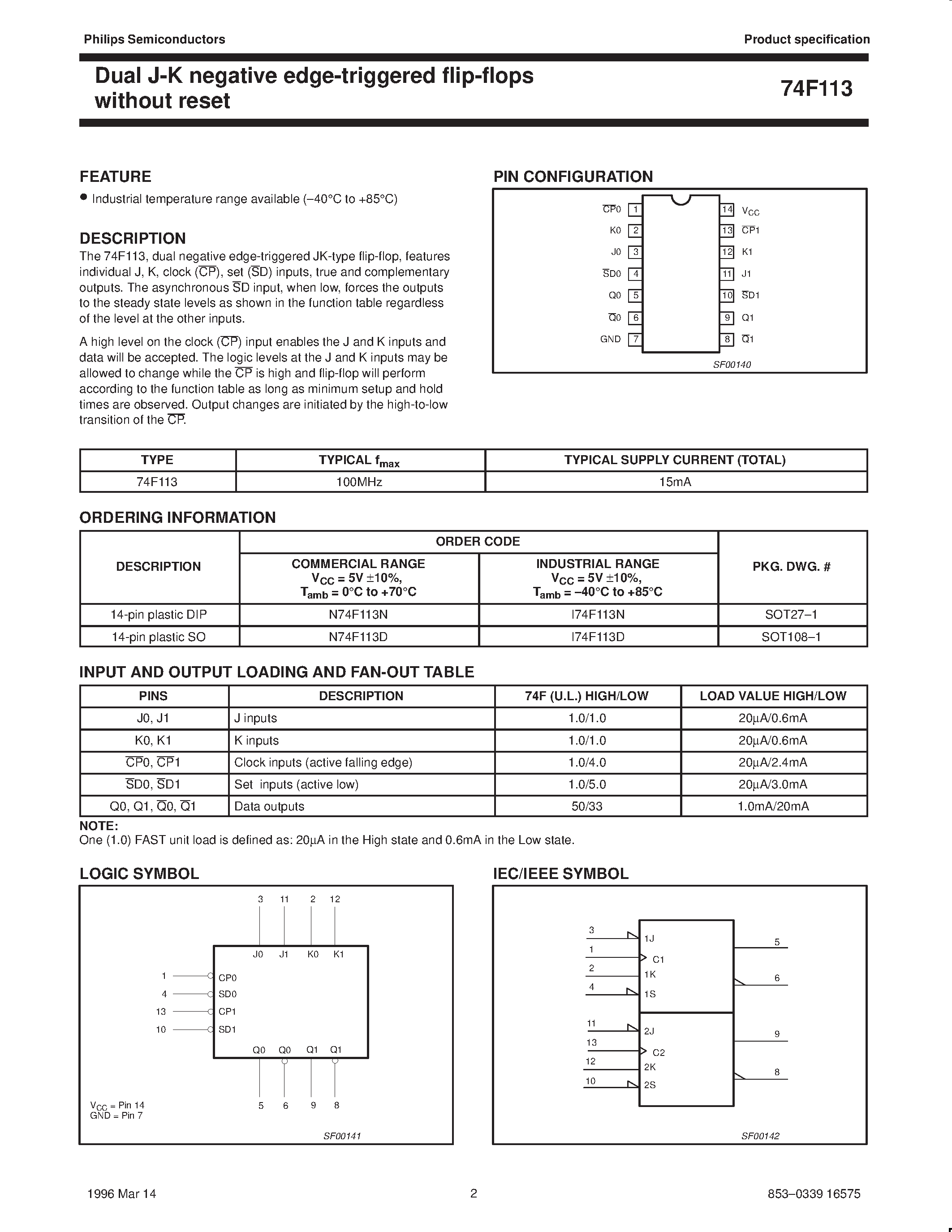 Datasheet 74F113 page 2 Datasheet 74F113 - Dual J-K negative edge-triggered flip-flops without reset page 2