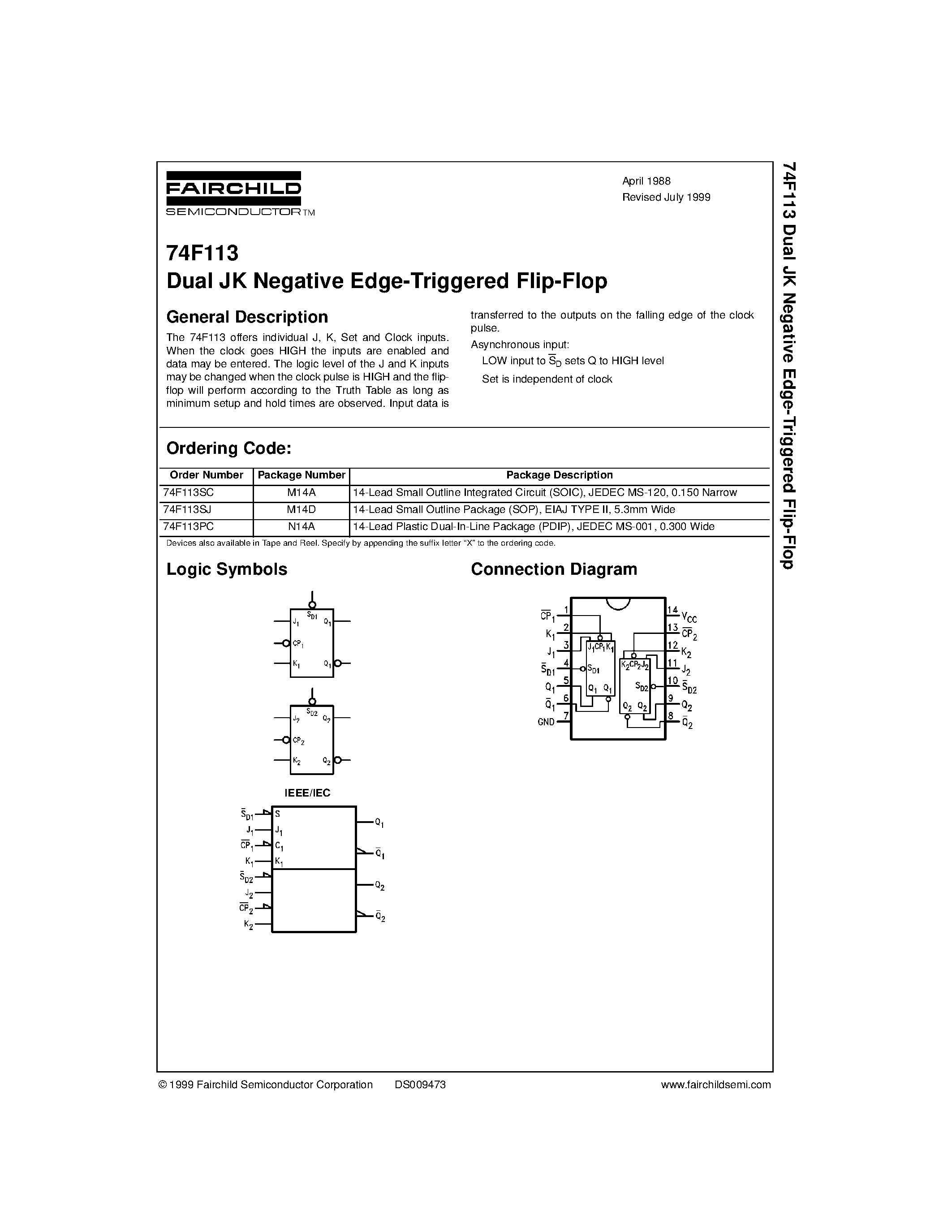 Datasheet 74F113 - Dual JK Negative Edge-Triggered Flip-Flop page 1