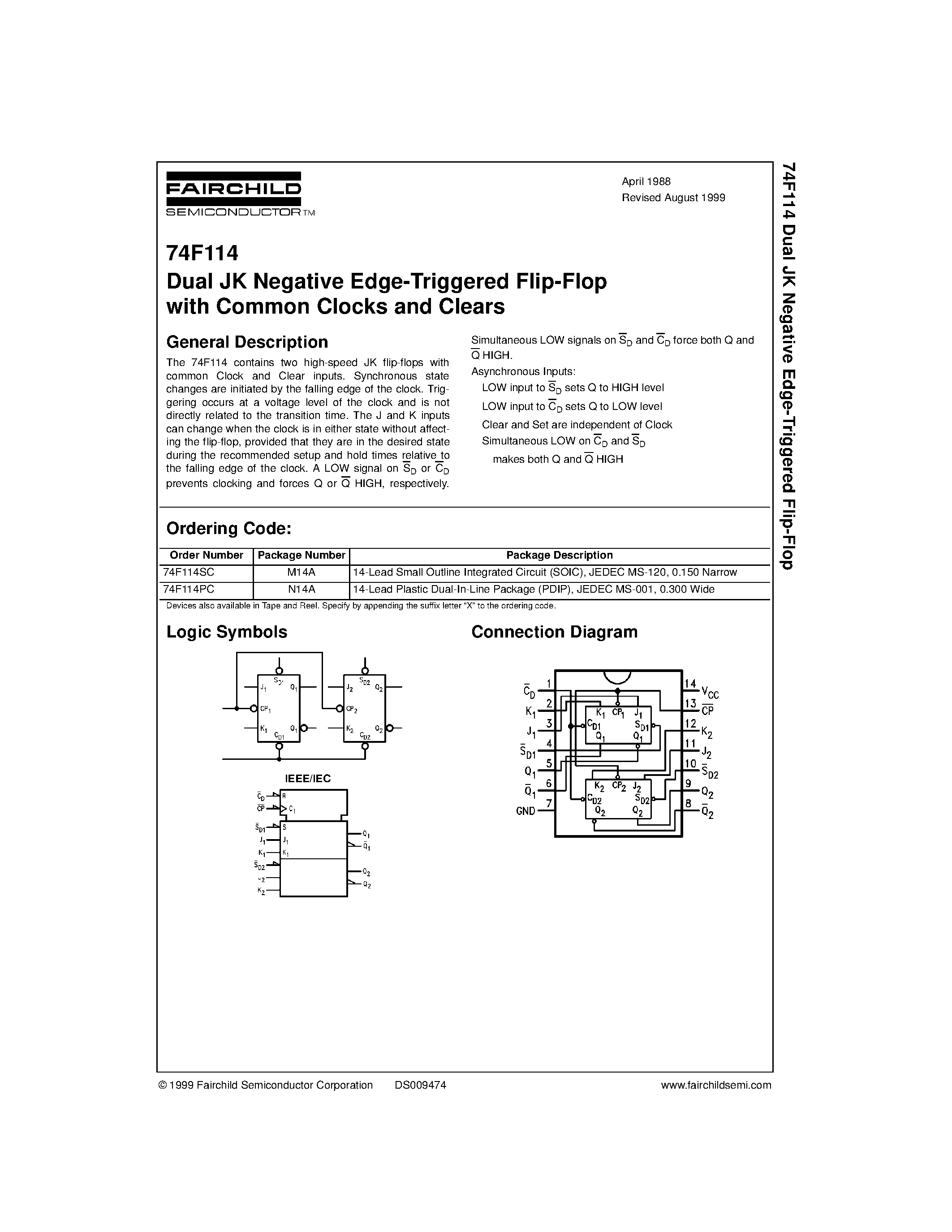 Datasheet 74F114SC page 1 Datasheet 74F114SC - Dual JK Negative Edge-Triggered Flip-Flop with Common Clocks and Clears page 1